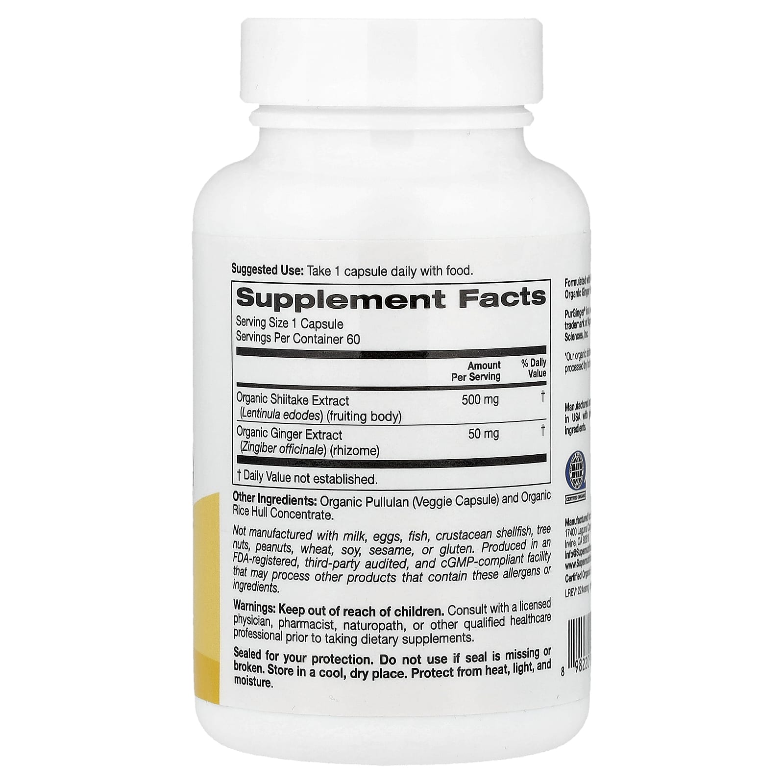 Super Nutrition, Organic Shiitake Mushroom + Ginger with Organic Pullulan, and Organic Rice Hull Concentrate, 60 Veggie Capsules