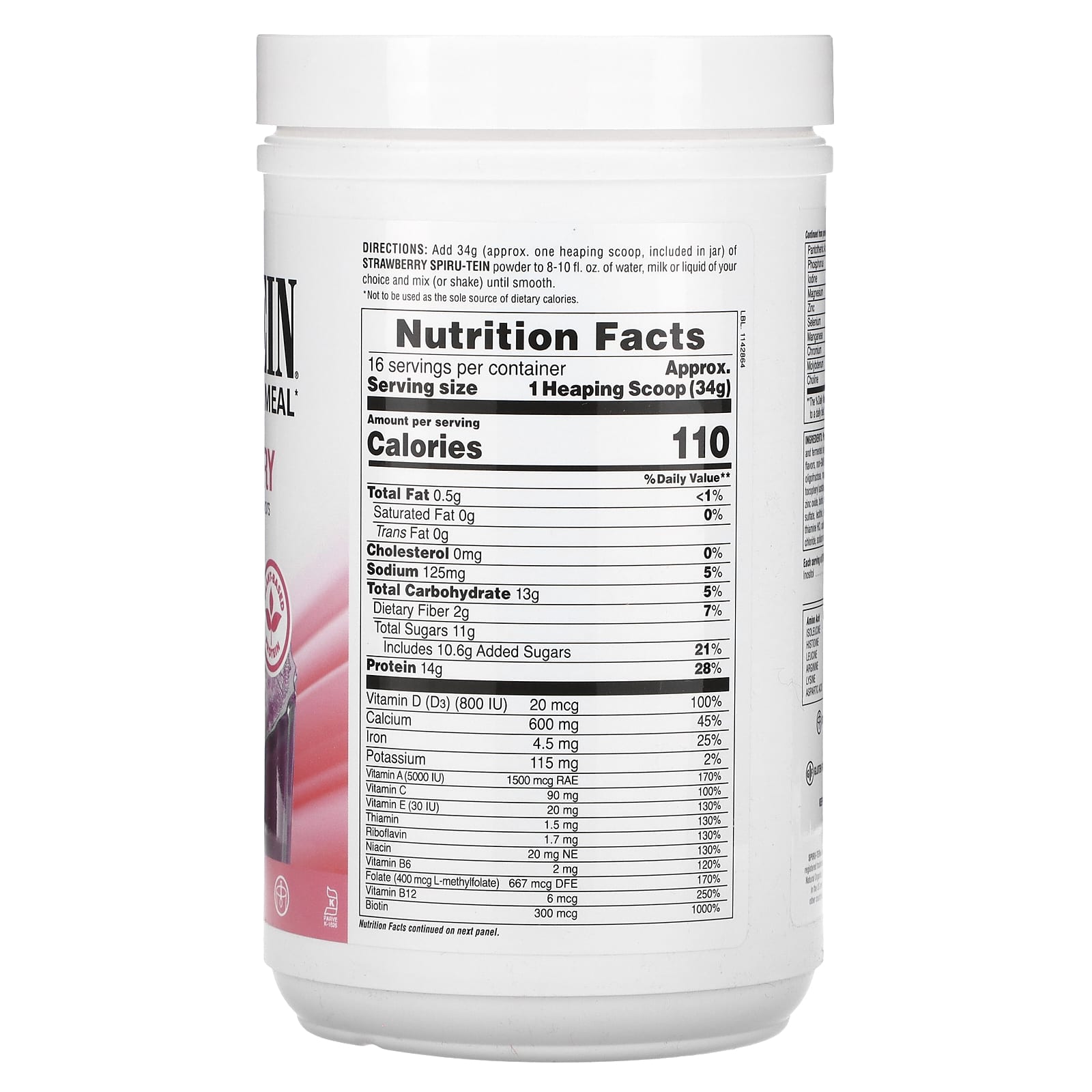 NaturesPlus, Spiru-Tein, Protein Powder Meal, Strawberry, 1.2 lbs (544 g)