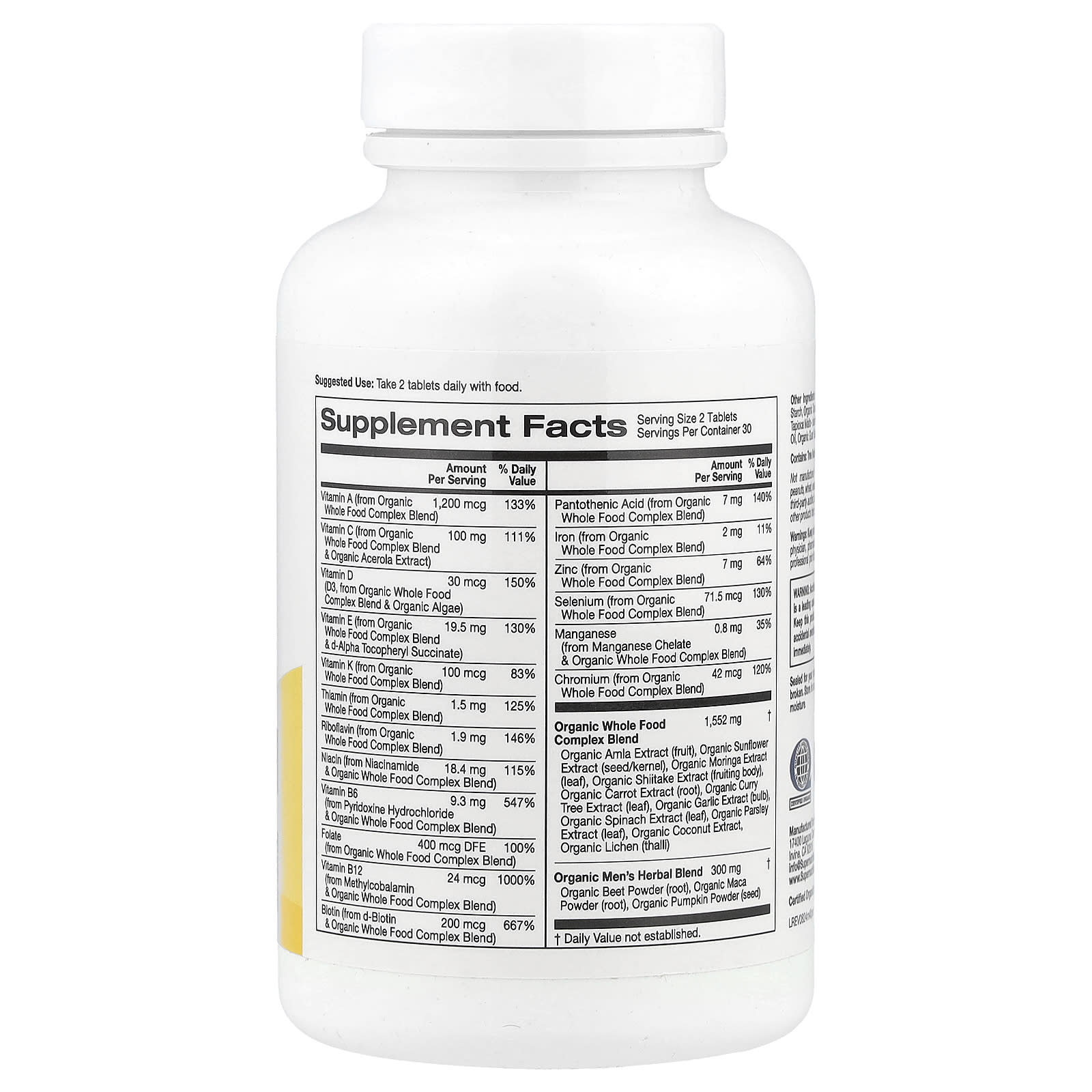 Super Nutrition, Organic Whole Food Men's 40+ Multivitamin with Organic Amla Extract, Organic Sunflower Extract, Organic Moringa Extract, and Organic Shiitake Extract , 60 Tablets