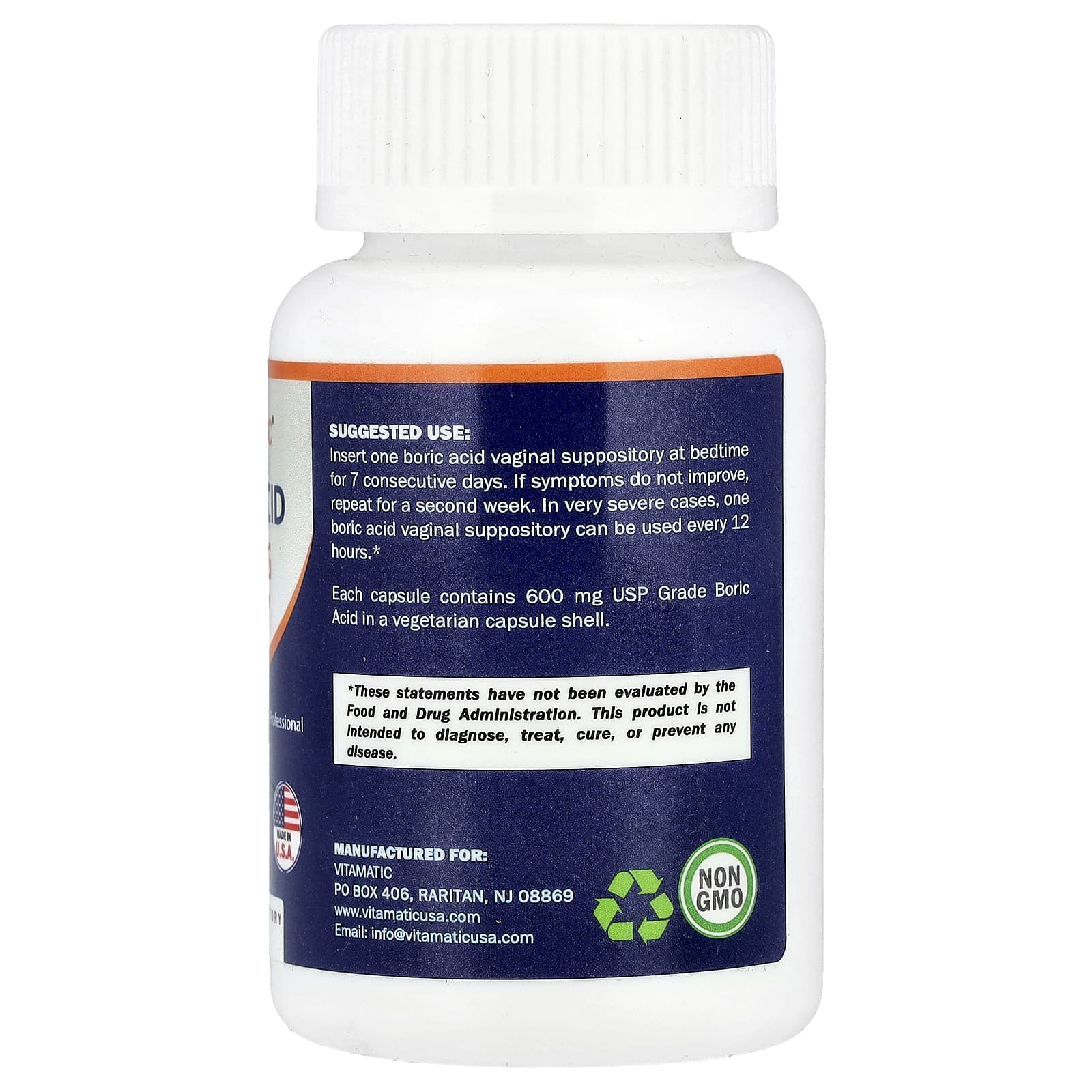 Vitamatic, Boric Acid, 600 mg, 60 Vaginal Suppositories