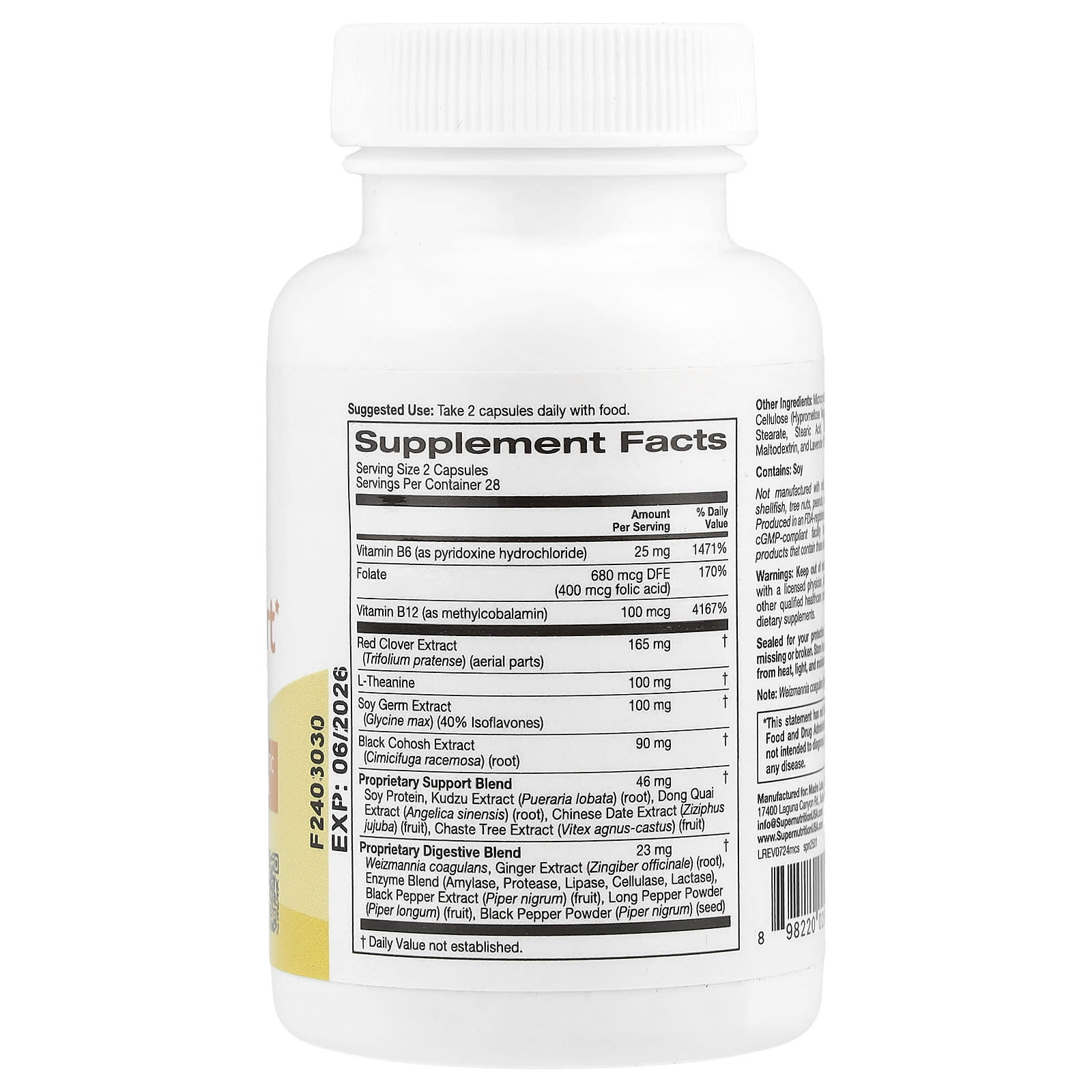 Super Nutrition, Menopause Comfort Support with Folate, Red Clover Extract, Vitamin B12, and Soy Germ Extract, 56 Veggie Capsules