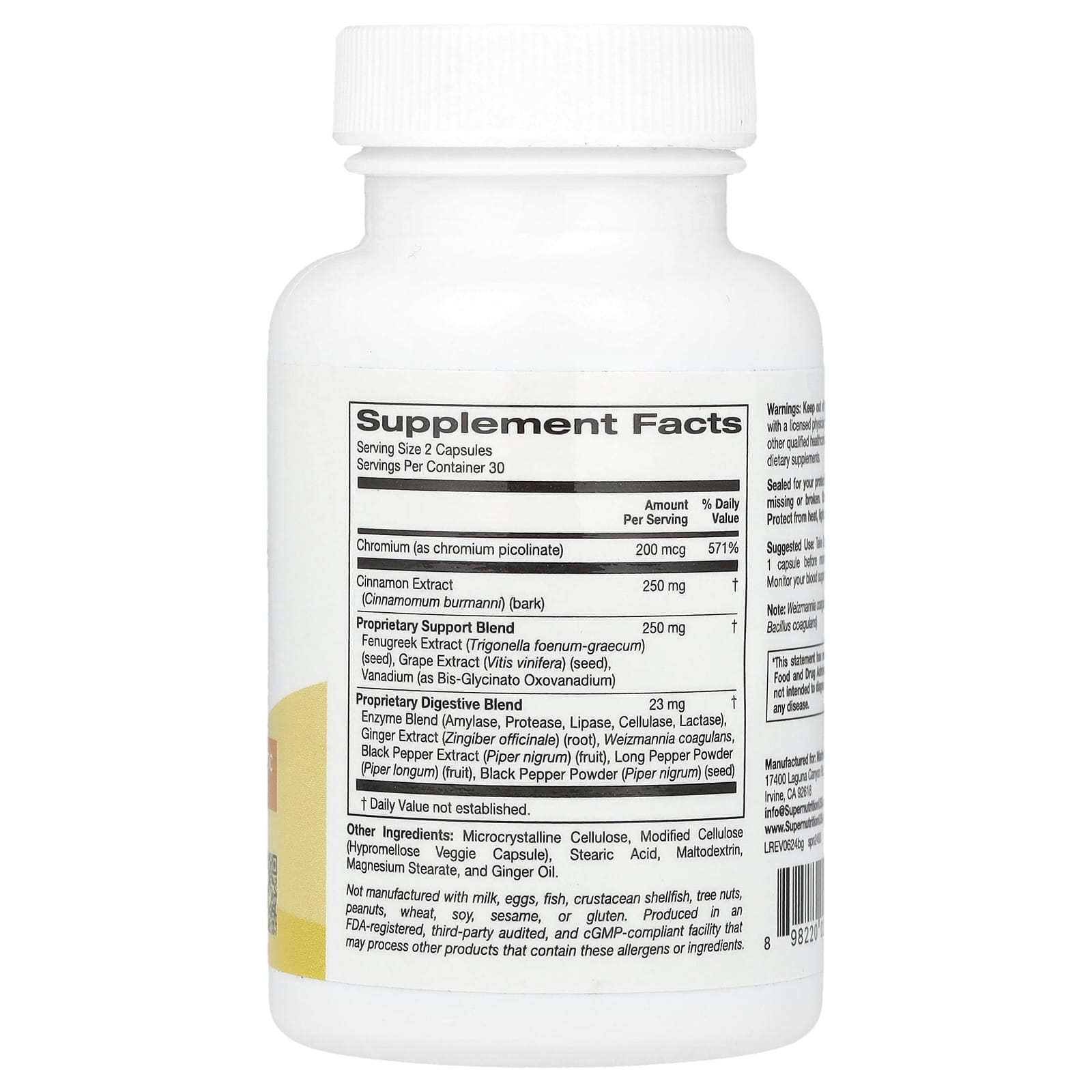 Super Nutrition, Blood Glucose Support with Chromium Picolinate, Cinnamon, Fenugreek, and Grape Extracts, 60 Veggie Capsules