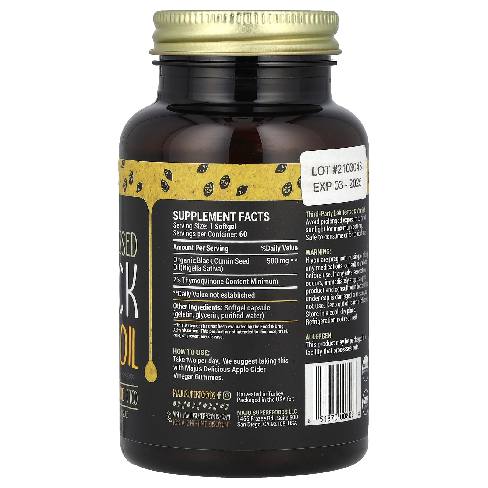 Maju Superfoods, Cold-Pressed Black Seed Oil, 500 mg, 60 Capsules