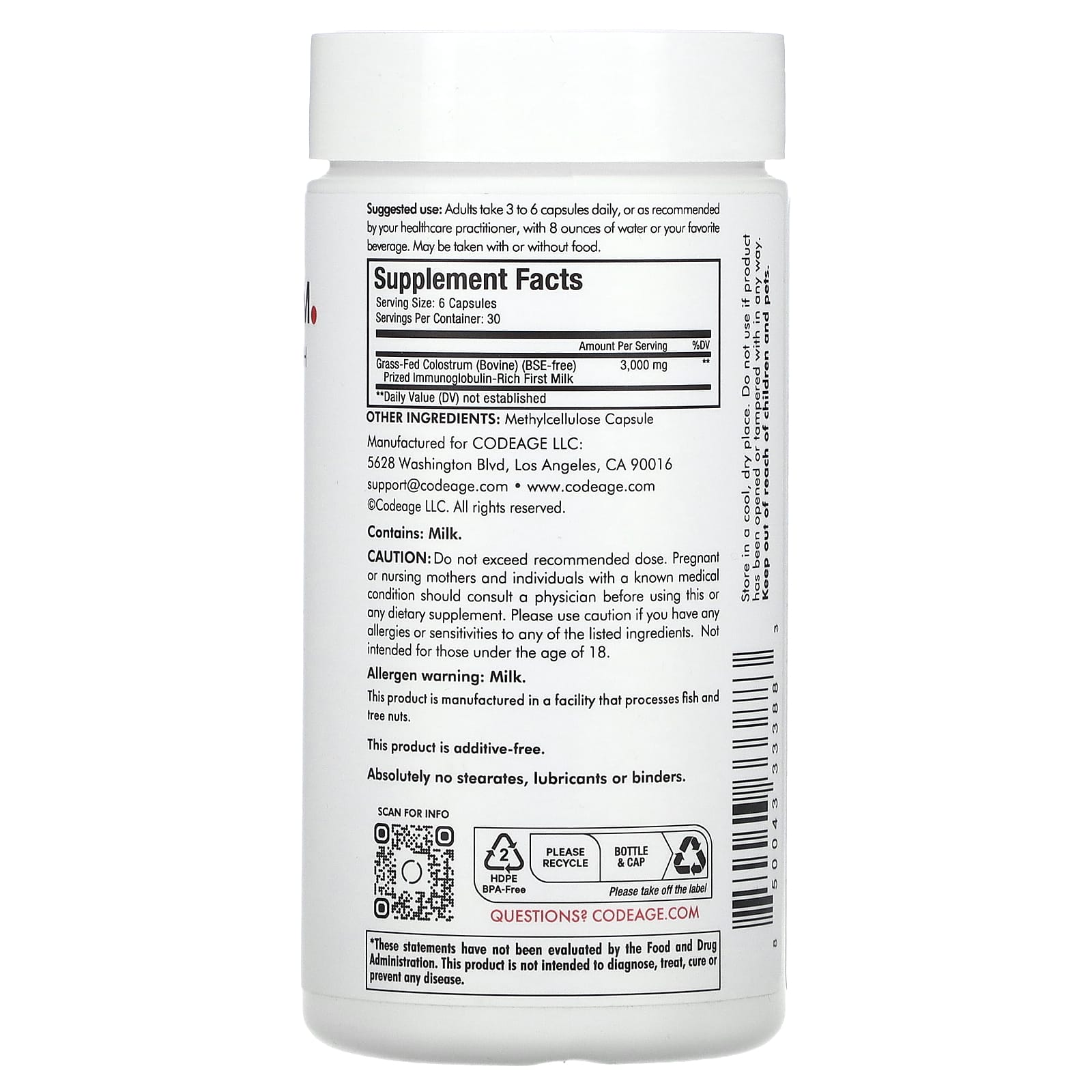 Codeage, Immuno Colostrum, 180 Capsules (500 mg per Capsule)