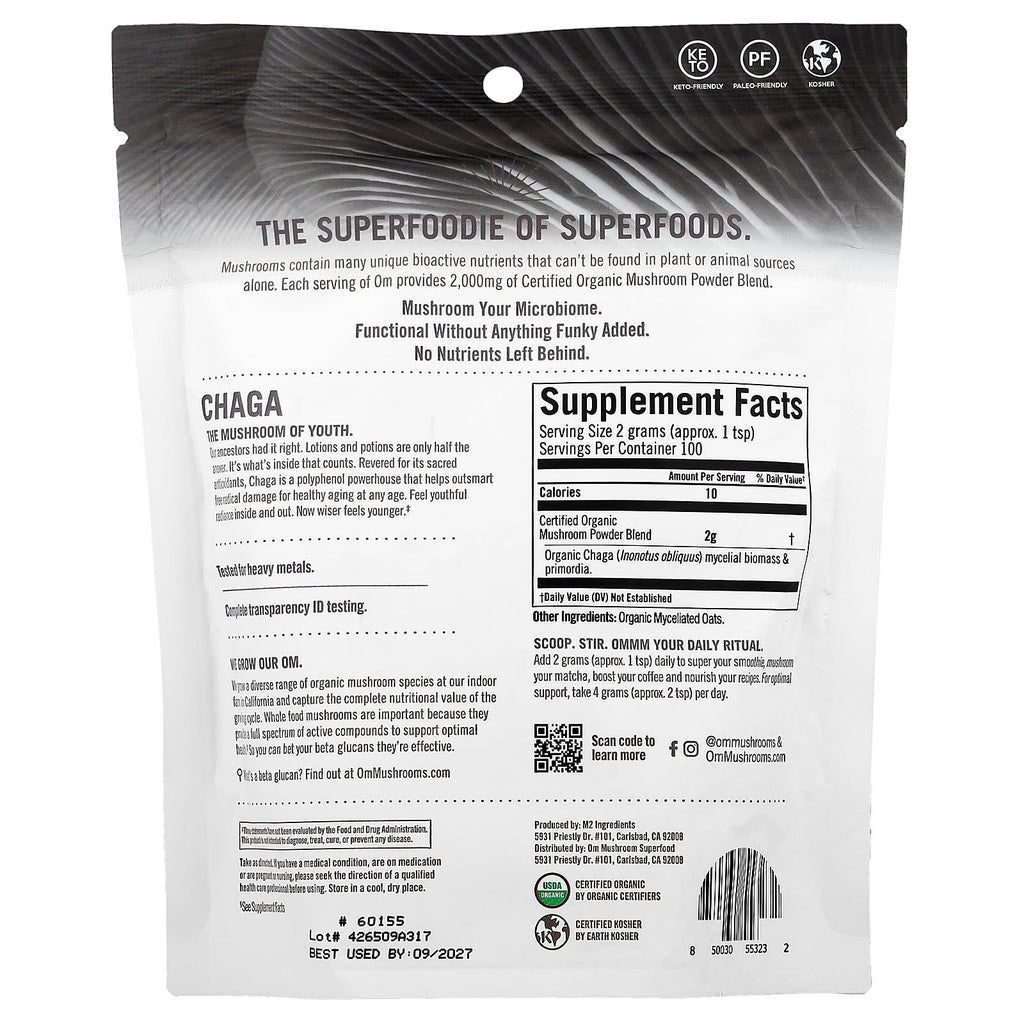 Om Mushrooms, Certified Organic Mushroom Powder, Chaga, 7.05 oz (200 g)