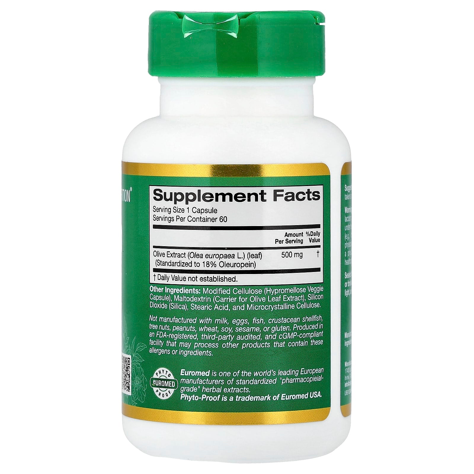 California Gold Nutrition, EuroHerbs™, Olive Leaf Extract, Euromed Quality, 500 mg, 60 Veggie Capsules