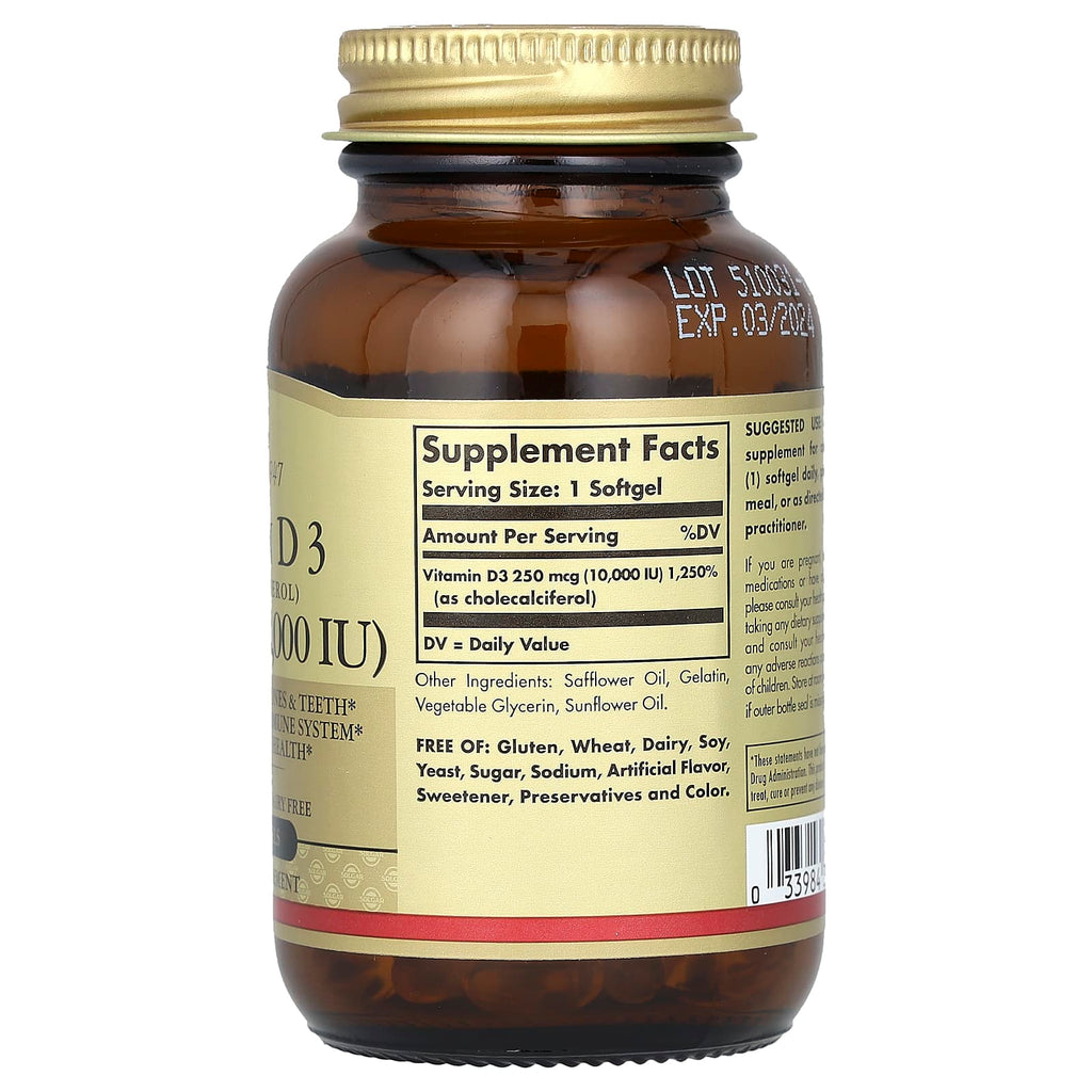 Solgar, Vitamin D3 (Cholecalciferol), 250 mcg (10,000 IU), 120 Softgels