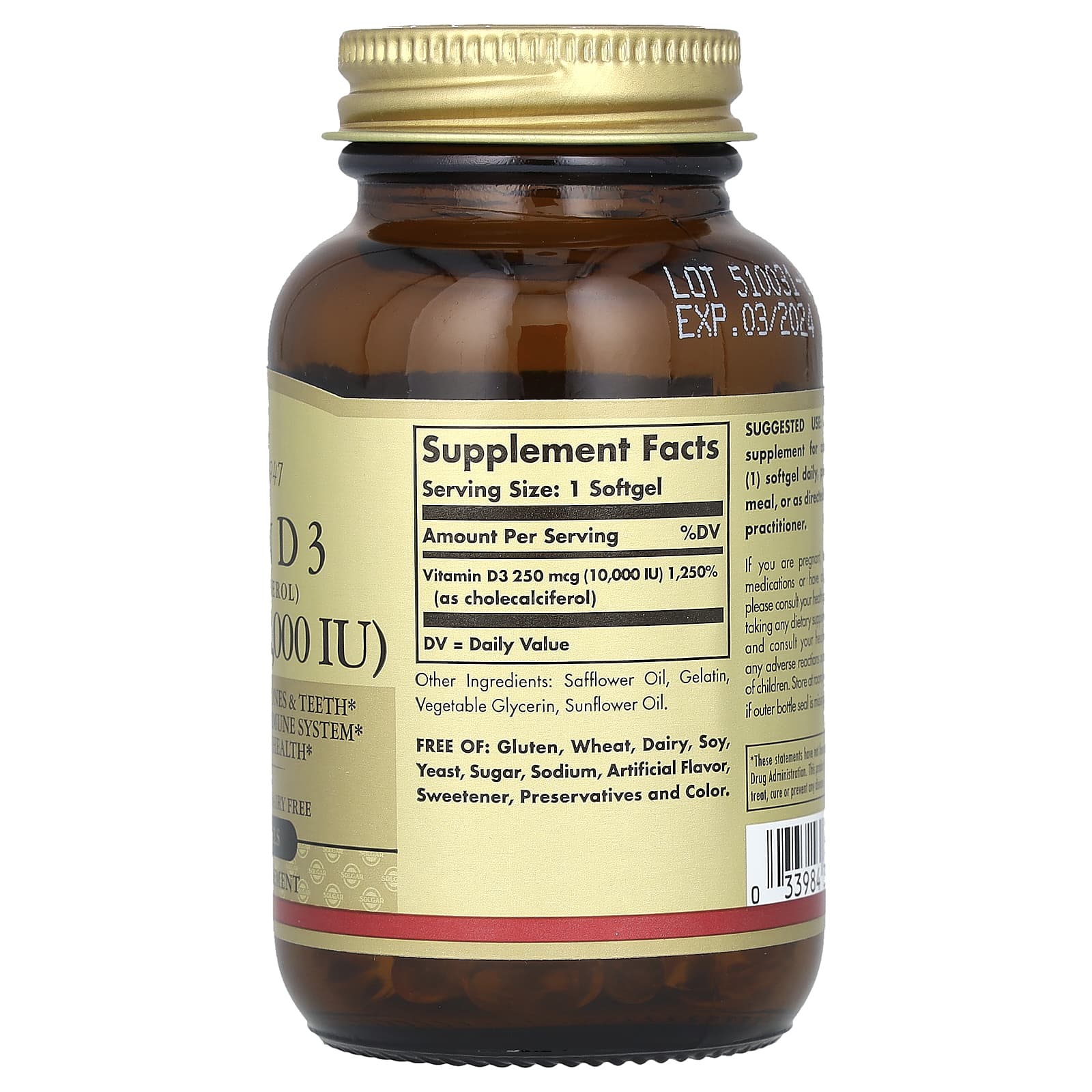 Solgar, Vitamin D3 (Cholecalciferol), 250 mcg (10,000 IU), 120 Softgels