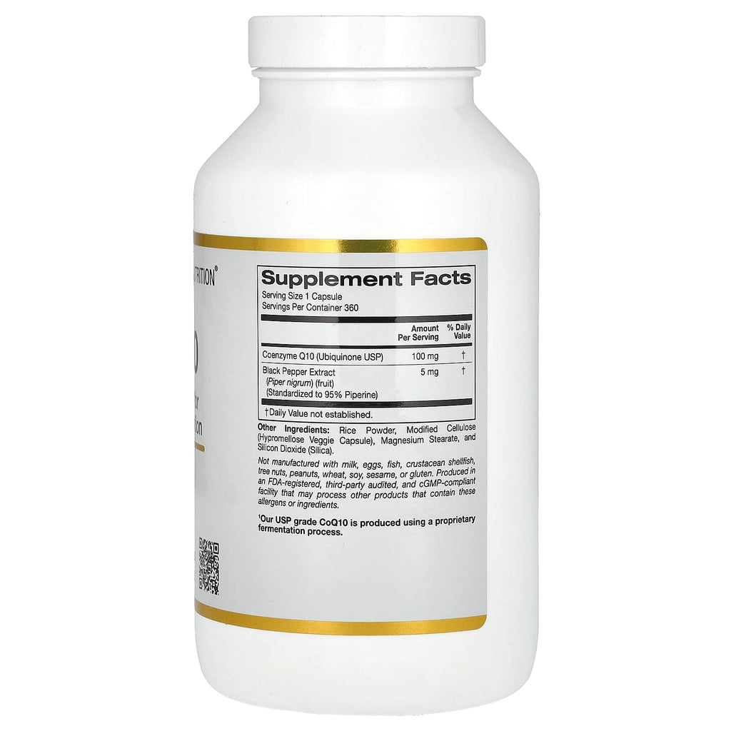 California Gold Nutrition, CoQ10, Ubiquinone USP with Bioperine® Black Pepper Extract, Enhanced Bioavailability, 100 mg, 360 Veggie Capsules