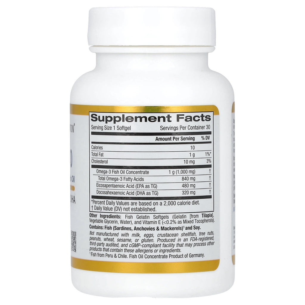 California Gold Nutrition, Omega 800 Ultra-Concentrated Omega-3 Fish Oil, kd-pur Triglyceride Form, 30 Fish Gelatin Softgels (1,000 mg per Softgel)