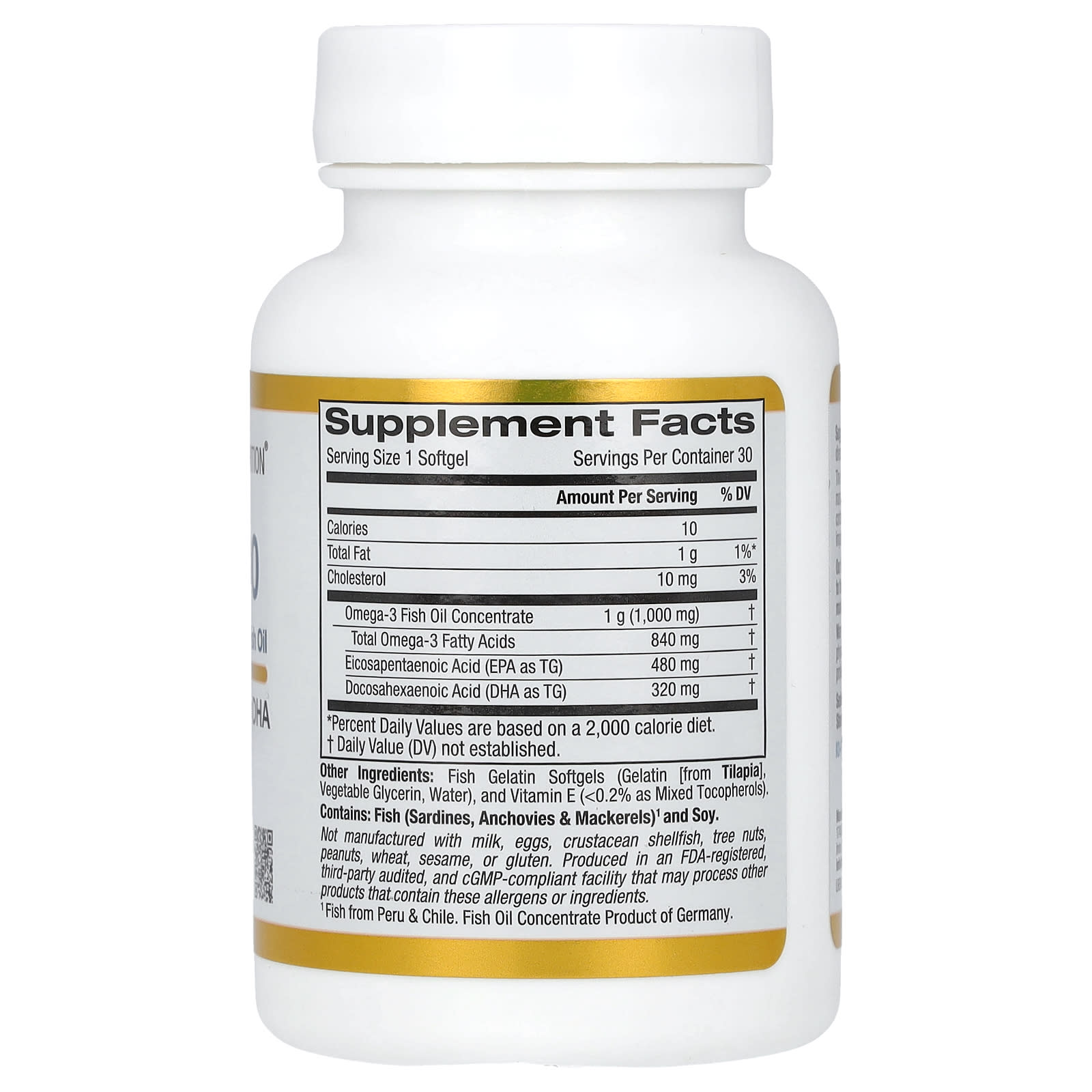California Gold Nutrition, Omega 800 Ultra-Concentrated Omega-3 Fish Oil, kd-pur Triglyceride Form, 30 Fish Gelatin Softgels (1,000 mg per Softgel)