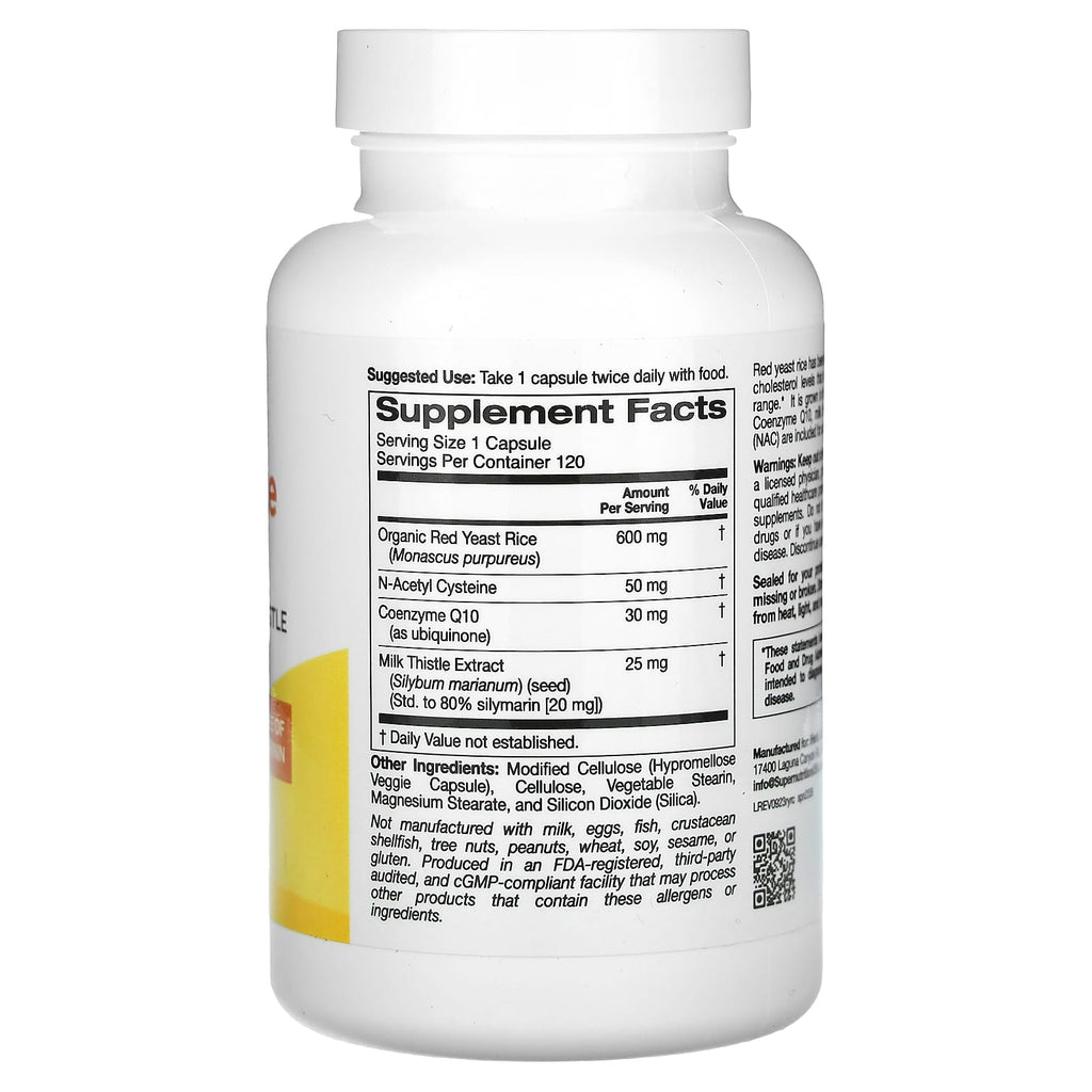 Super Nutrition, Red Yeast Rice Complex with Organic Red Yeast Rice, N-Acetyl Cysteine, Coenzyme Q10, and Milk Thistle Extract, 120 Veggie Capsules