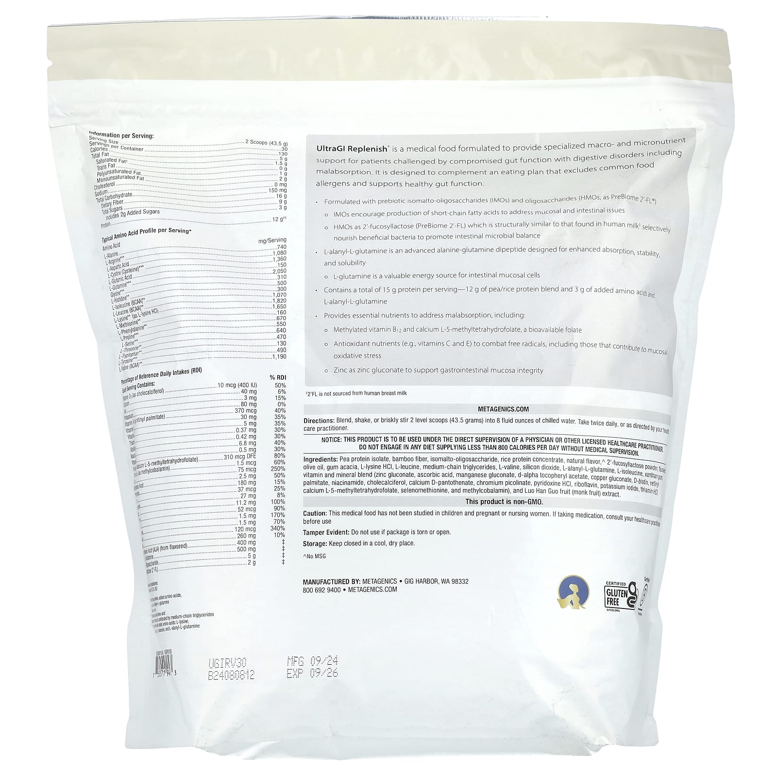 Metagenics, UltraGI Replenish®, Vanilla, 46.03 oz (1,305 g)