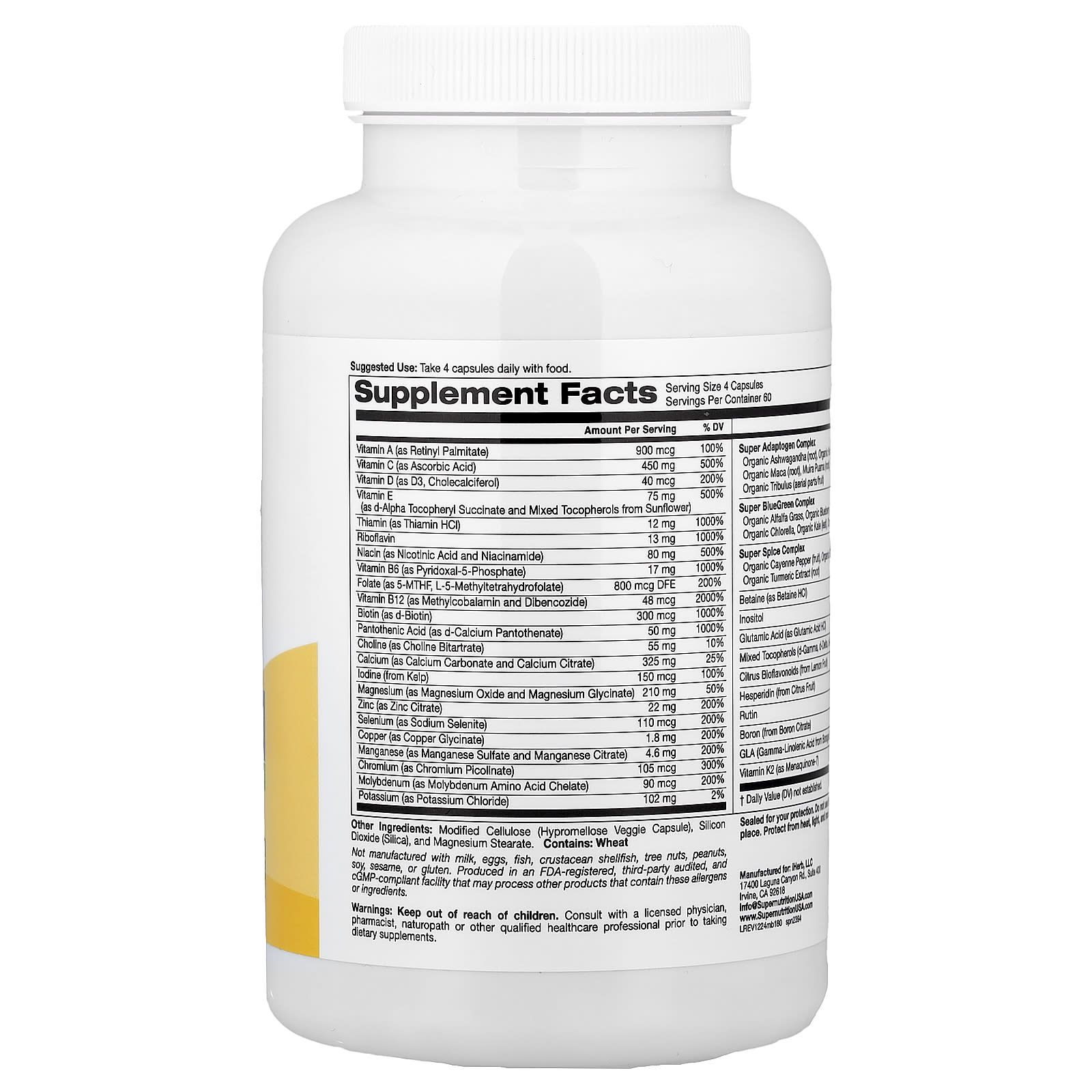 Super Nutrition, Men's Multivitamin with Super Adaptogens, Greens, Spices, and Vitamin A, Iron Free, 240 Veggie Capsules