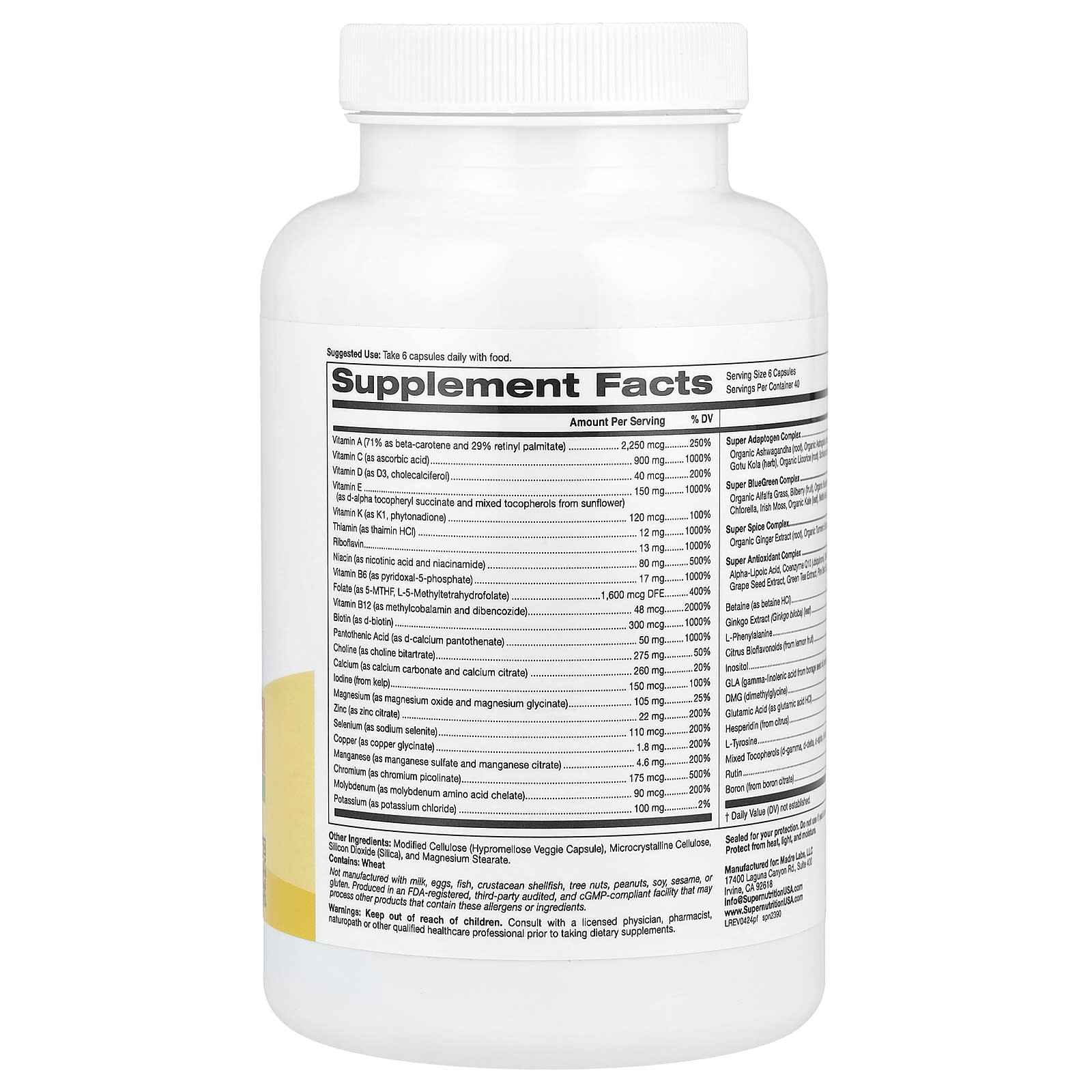 Super Nutrition, Perfect Family Multivitamin + Vitamin A, Methyl B12, Folate, Vitamin C, and Biotin, Iron Free, 240 Veggie Capsules
