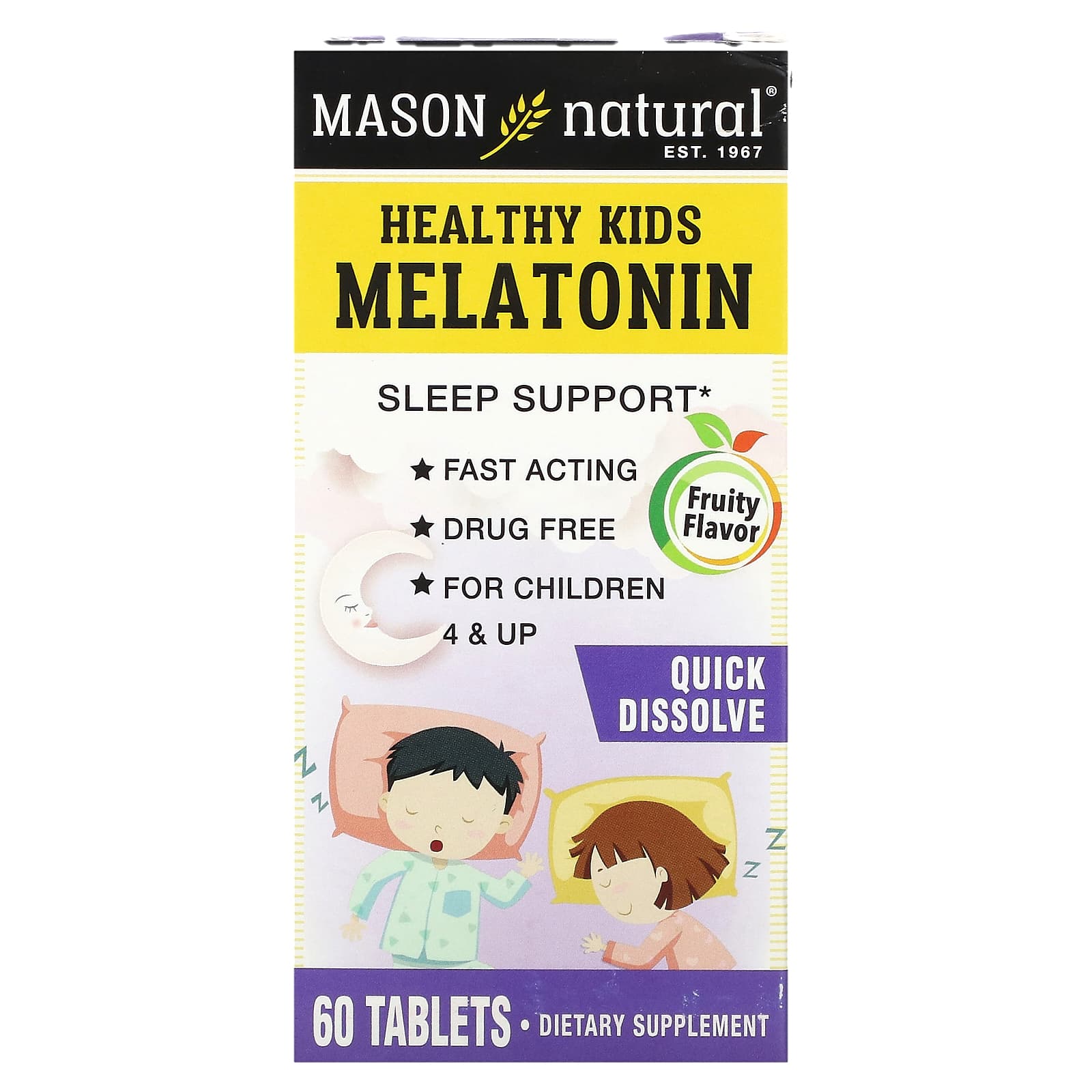 Mason Natural, Healthy Kids Melatonin, Ages 4 & Up, Fruity, 60 Tablets (500 mcg per Tablet)