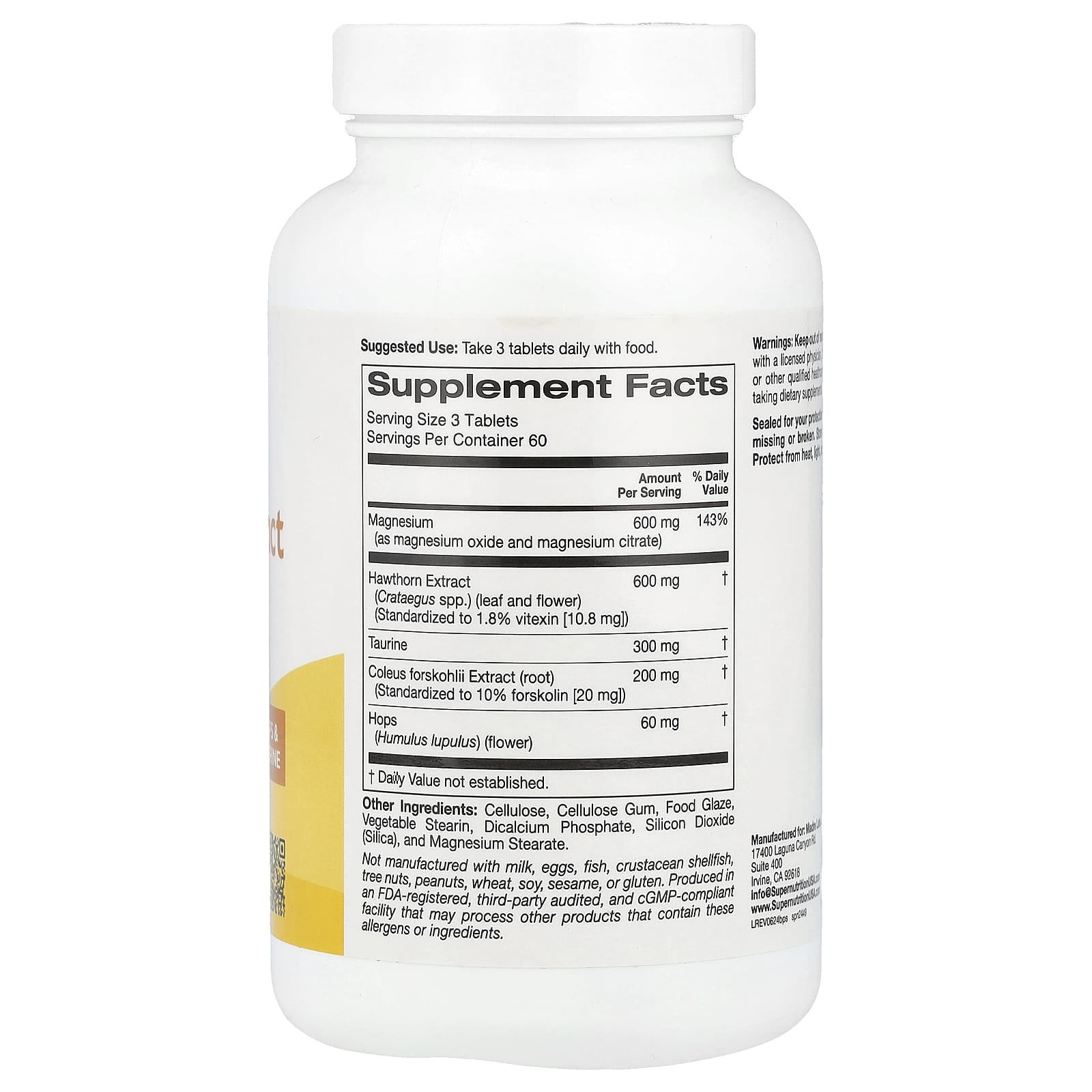 Super Nutrition, Magnesium & Hawthorn Extract Complex with Taurine, Coleus forskohlii Extract, and Hops, 180 Tablets