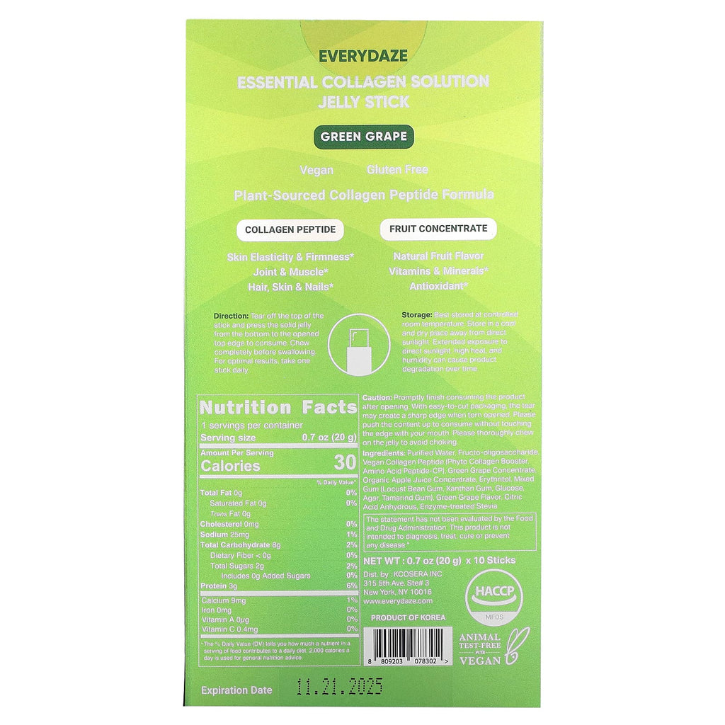 Everydaze, Essential Collagen Solution Jelly Stick, Green Grape, 3,000 mg, 10 Sticks, 0.7 oz (20 g) Each