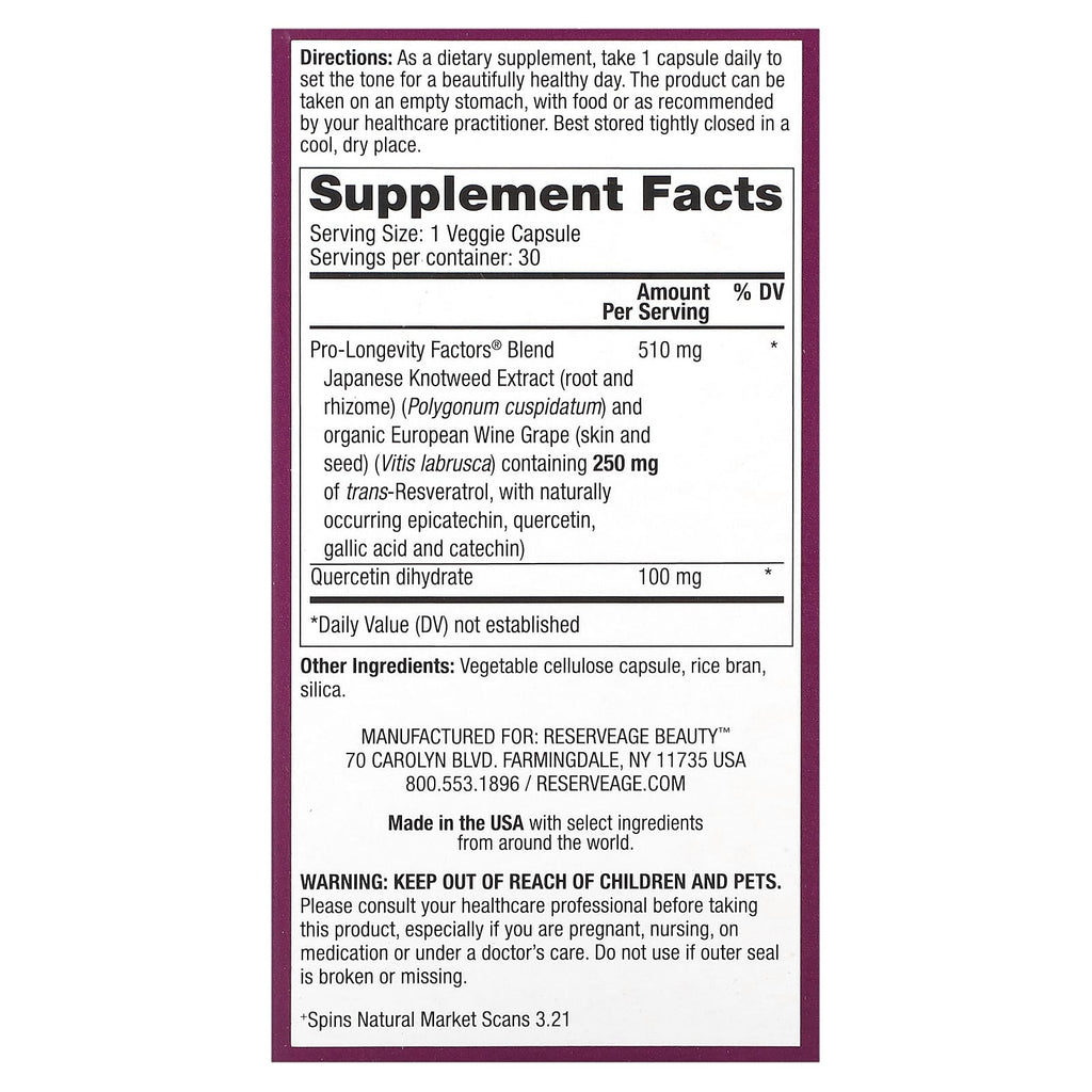 Reserveage Beauty, Resveratrol, 250 mg, 30 Veggie Capsules
