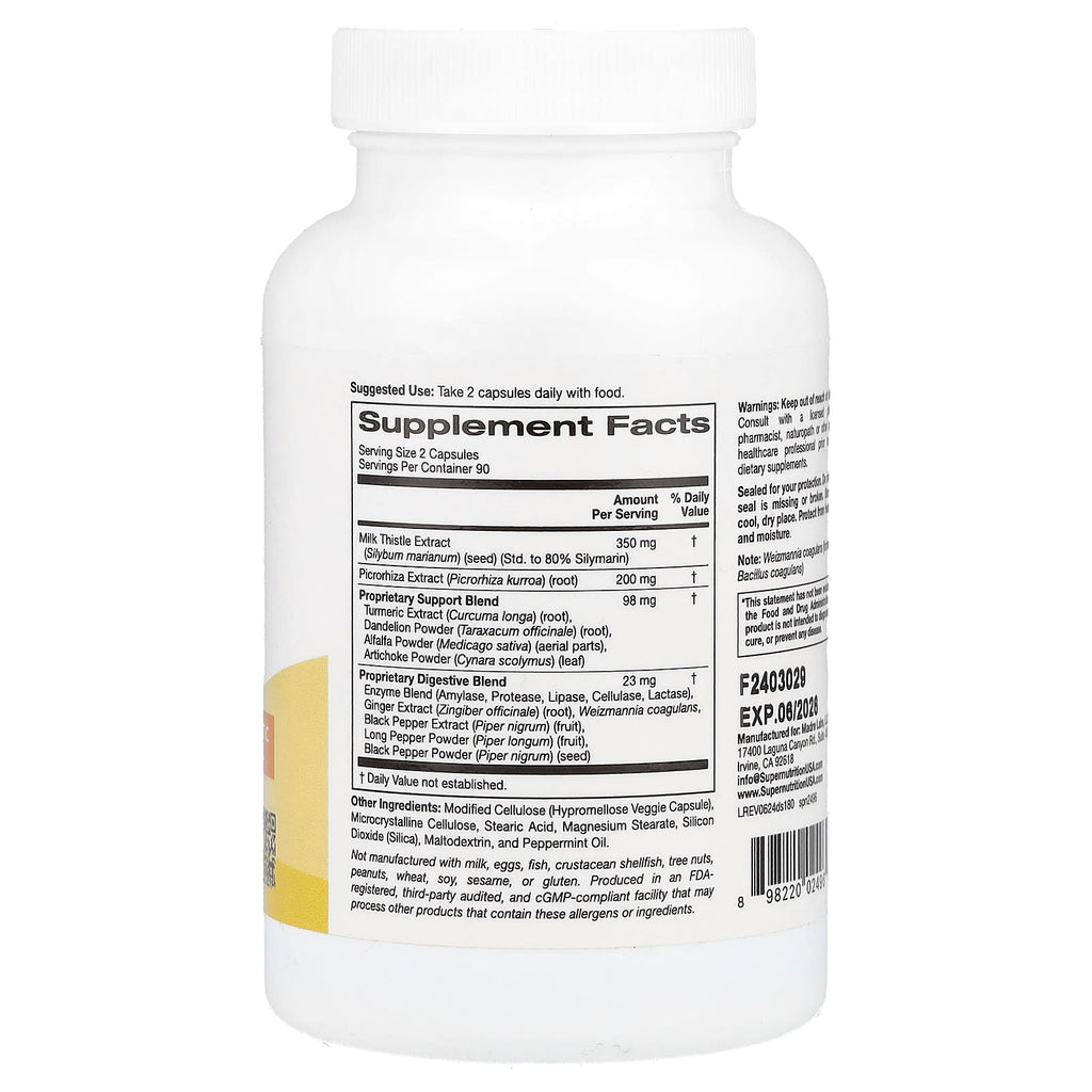 Super Nutrition, Detox Support with Milk Thistle Extract, Picrorhiza Root Extract, Turmeric Extract, Dandelion Powder and Digestive Blend, 180 Veggie Capsules