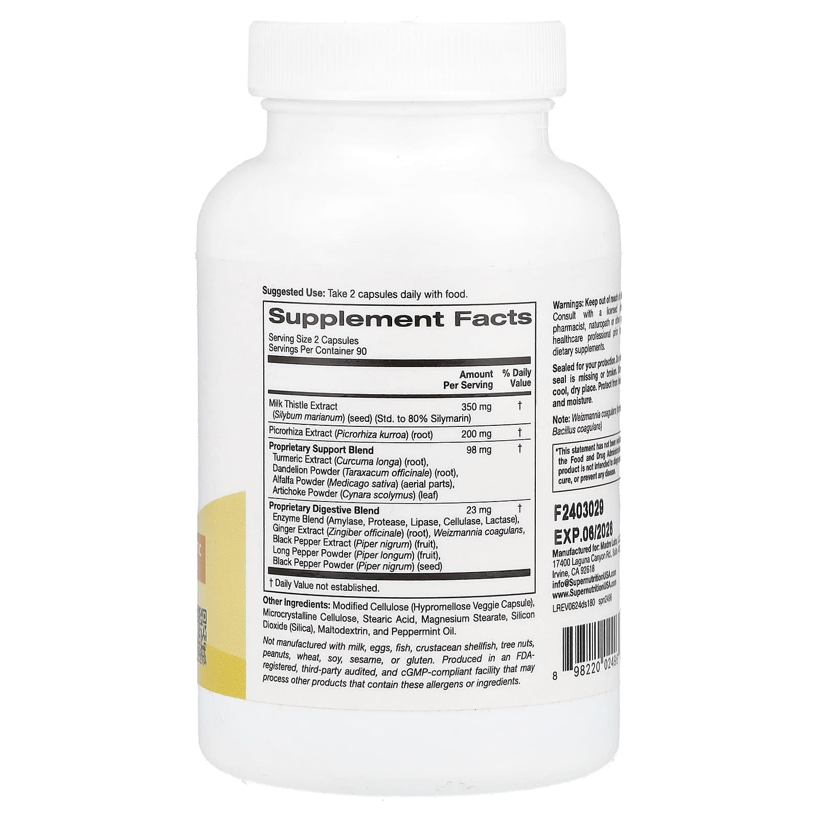 Super Nutrition, Detox Support with Milk Thistle Extract, Picrorhiza Root Extract, Turmeric Extract, Dandelion Powder and Digestive Blend, 180 Veggie Capsules