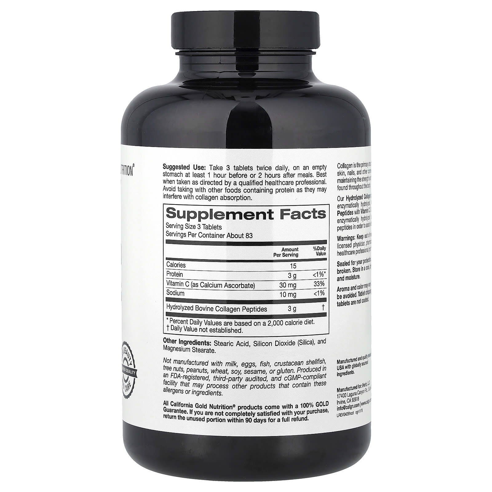 California Gold Nutrition, Hydrolyzed Collagen Peptides, Type I & III, and Vitamin C, 250 Tablets