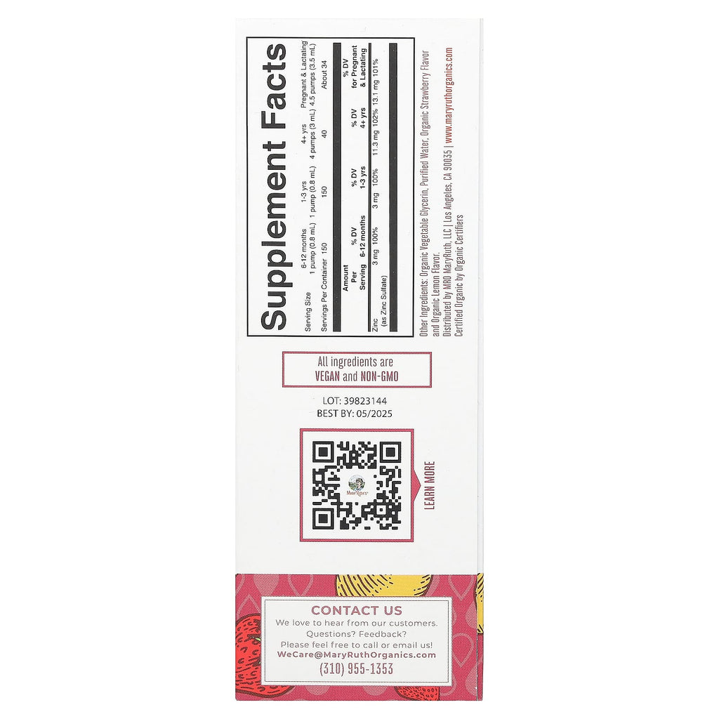 MaryRuth's, Organic Ionic Zinc Liquid Drops, Strawberry Lemon, 3 mg, 4 fl oz (120 ml)