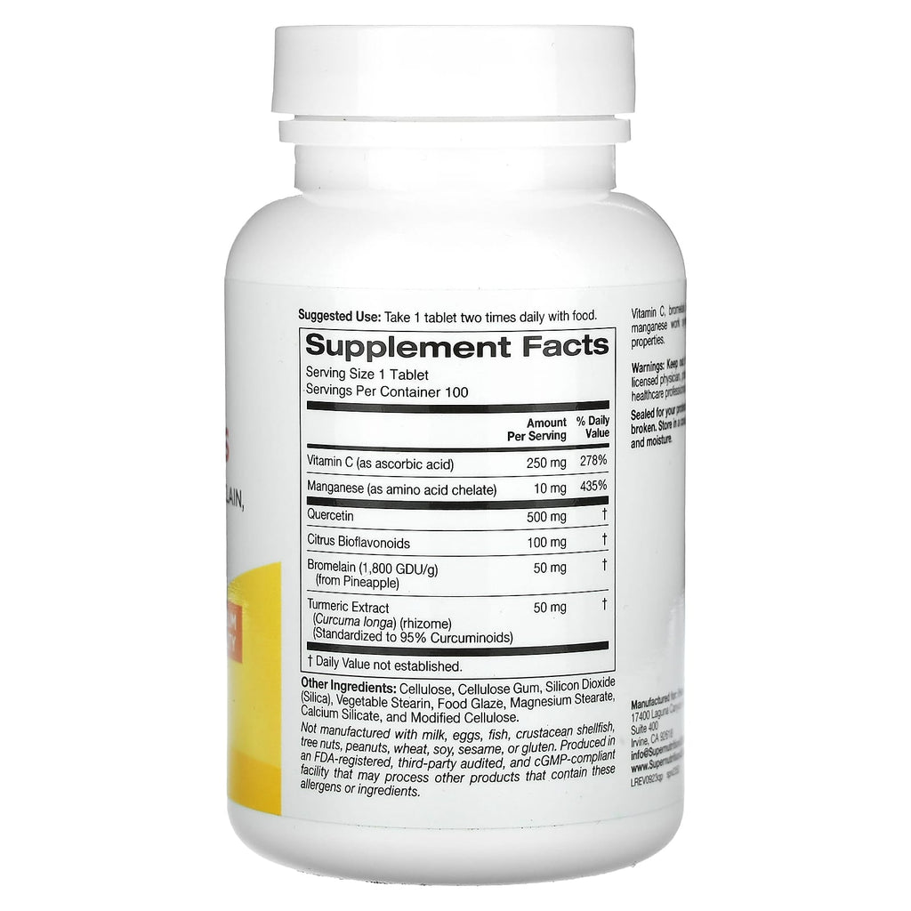 Super Nutrition, Quercetin Plus with Quercetin, Vitamin C, Citrus Bioflavonoids, Bromelain, Turmeric and Vitamin C, 100 Tablets