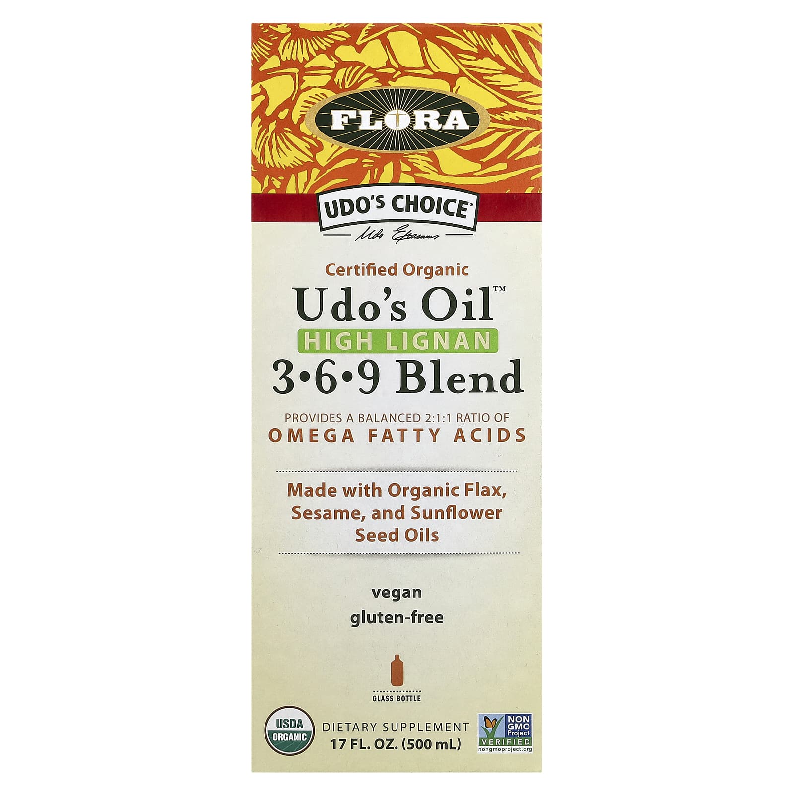 Flora, Udo's Choice, Certified Organic Udo's Oil, High Lignan 3-6-9 Blend, 17 fl oz (500 ml)
