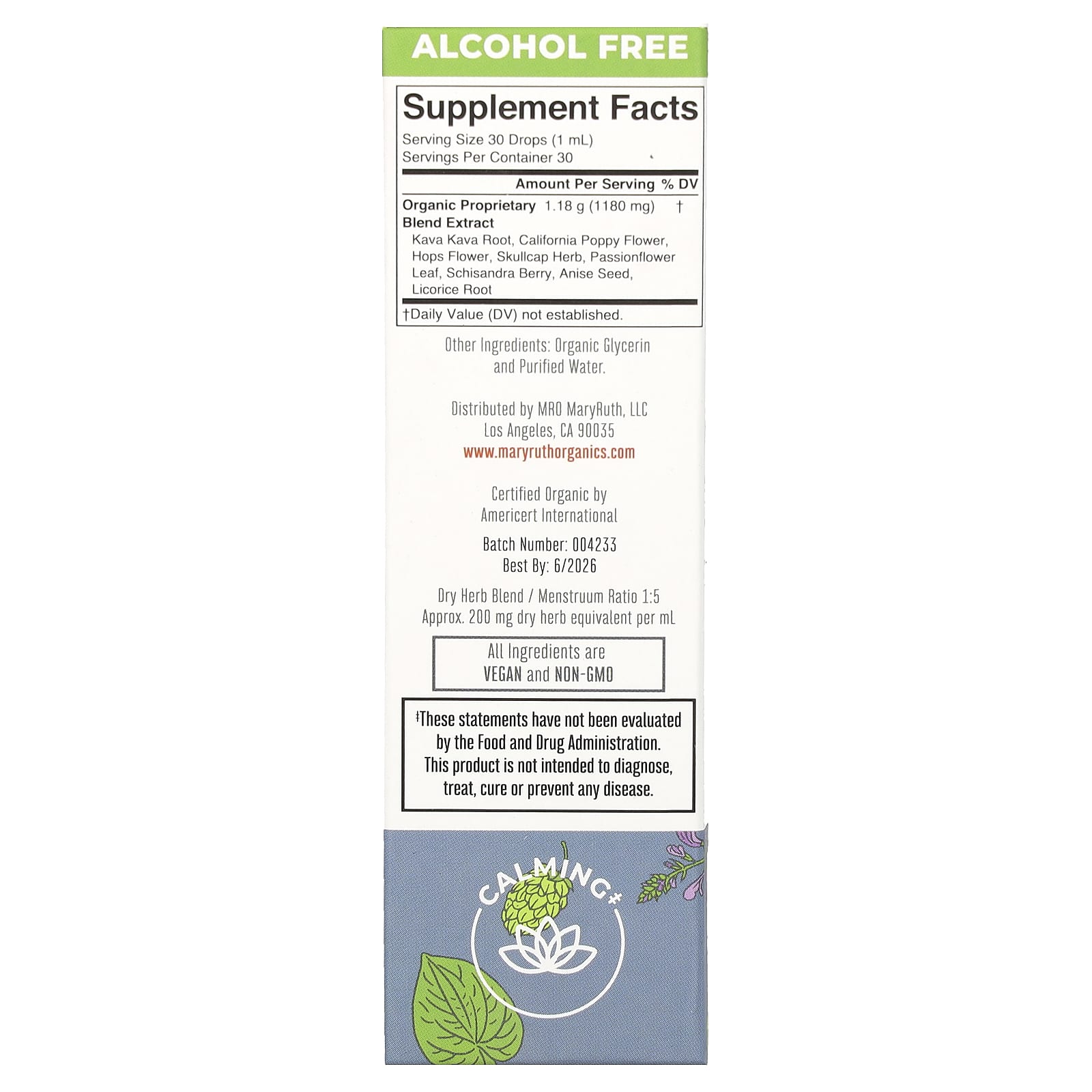 MaryRuth's, Organic Calming Kava Liquid Extract, Alcohol Free, 1,180 mg, 1 fl oz (30 ml)