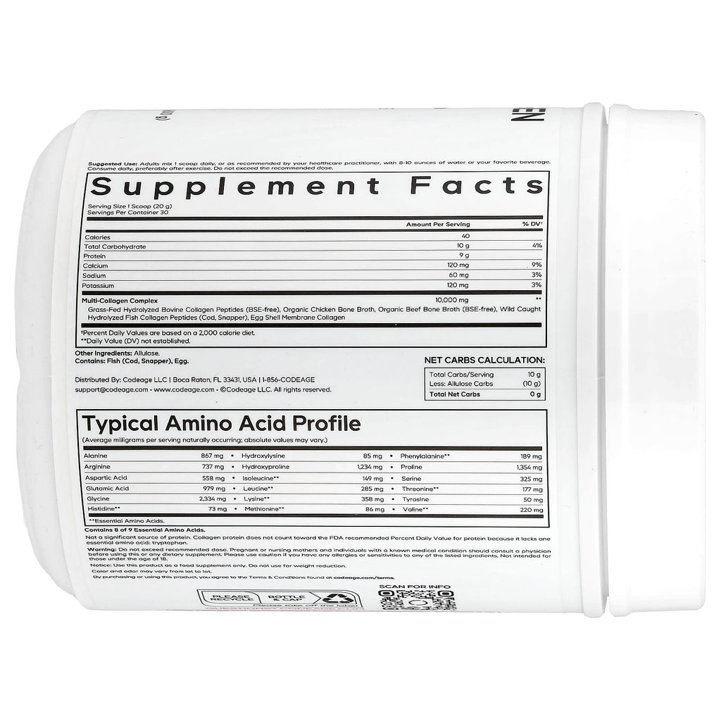 Codeage, Multi Collagen Peptides Allulose, Unflavored, 21.16 oz (600 g)