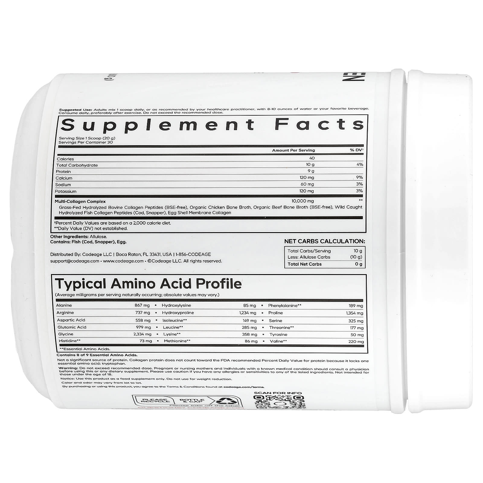 Codeage, Multi Collagen Peptides Allulose, Unflavored, 21.16 oz (600 g)