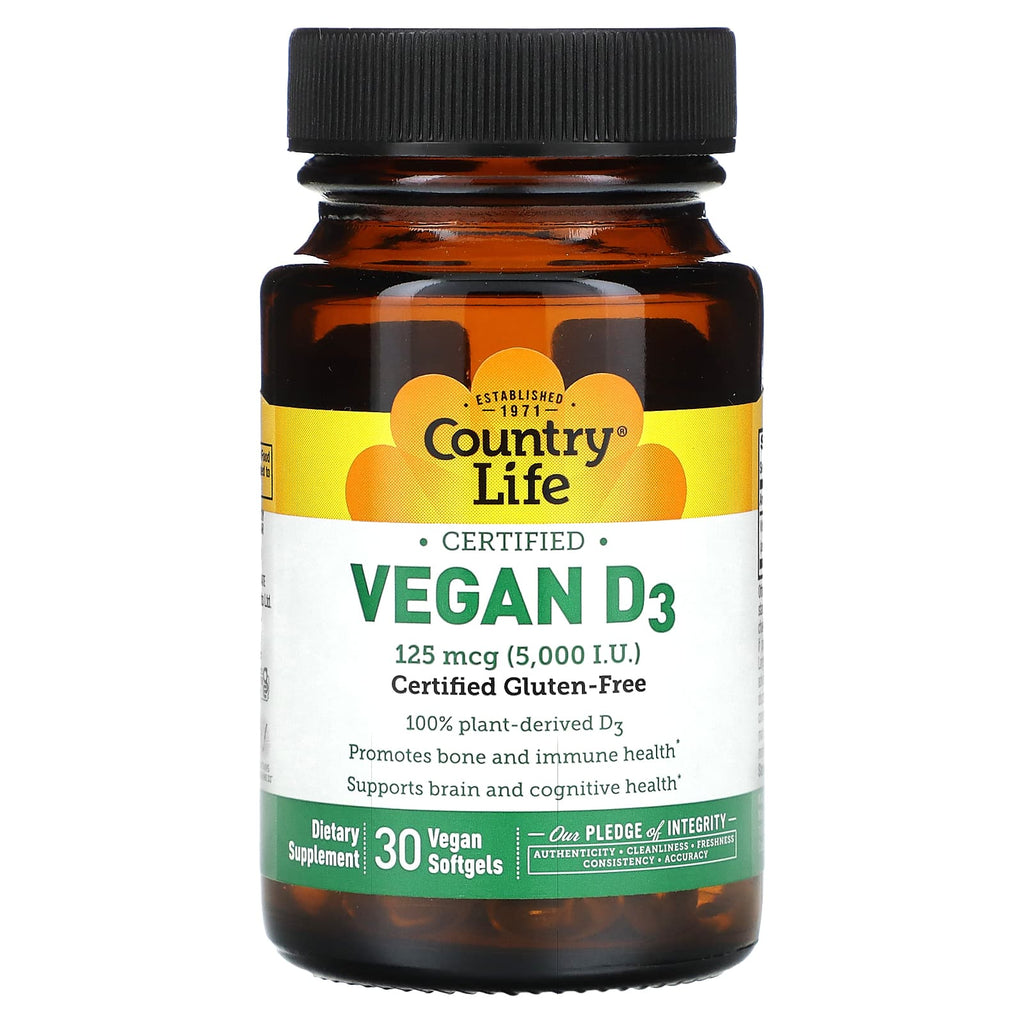 Country Life, Certified Vegan D3, 125 mcg (5,000 IU), 30 Vegan Softgels
