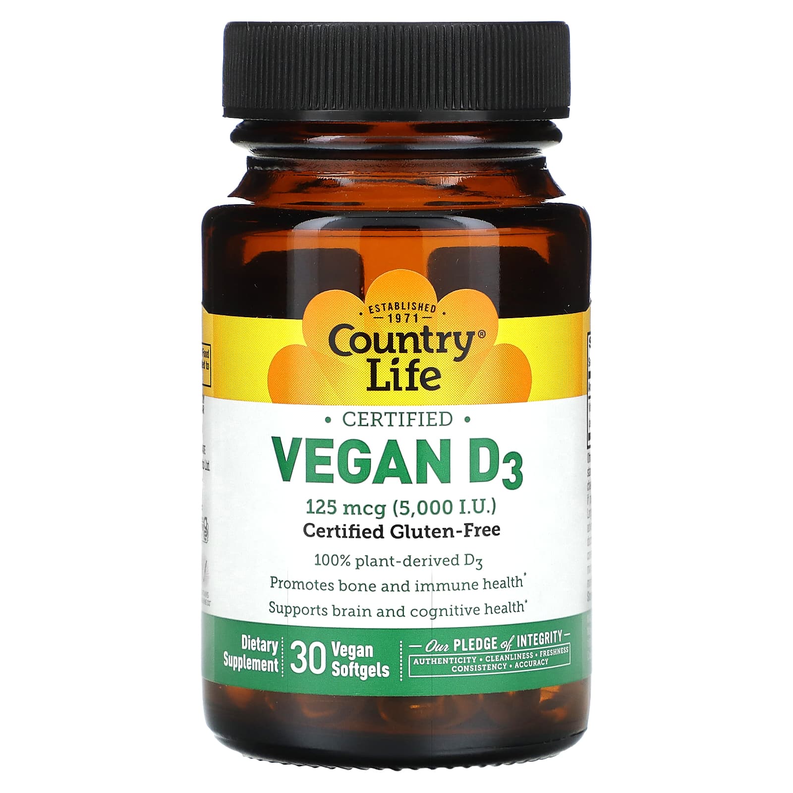 Country Life, Certified Vegan D3, 125 mcg (5,000 IU), 30 Vegan Softgels