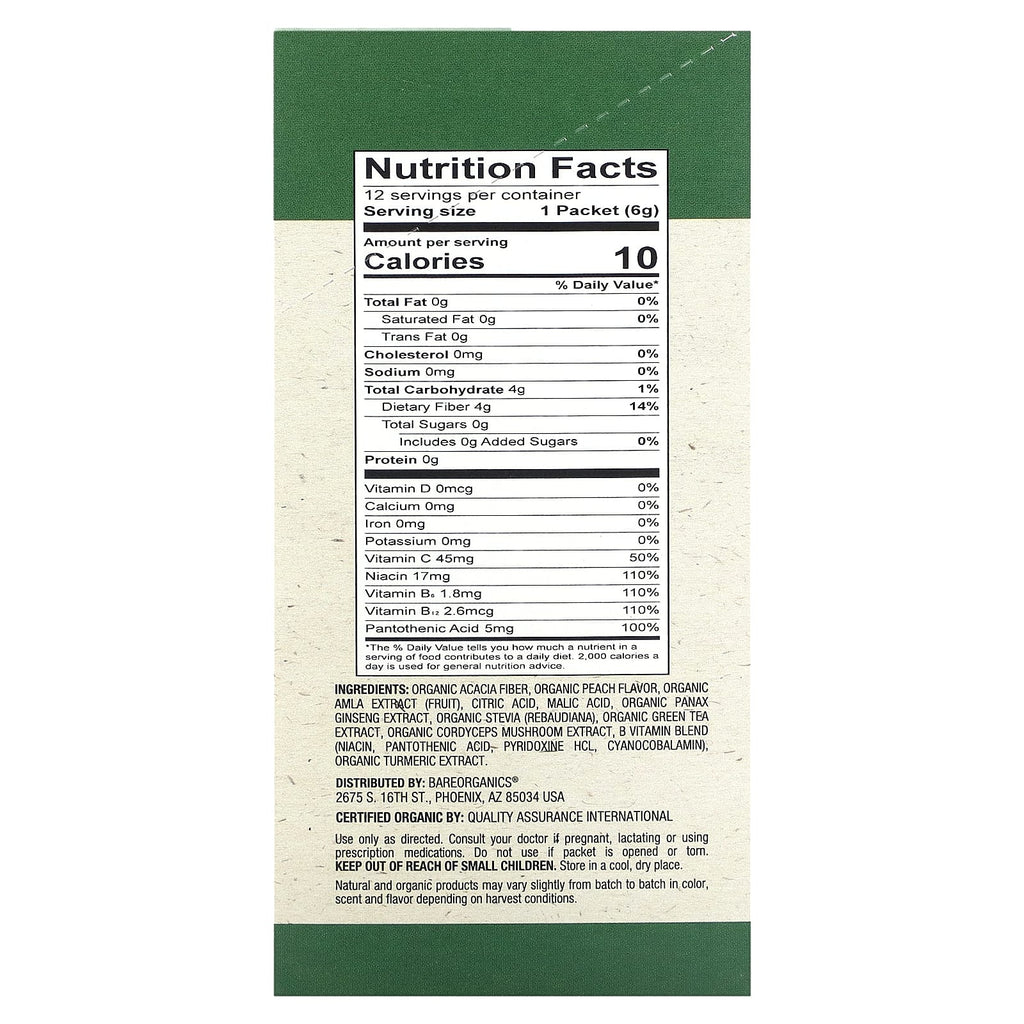 BareOrganics, Energy, Superfood Water Enhancer, Organic Peach Green Tea, 12 Stick Packets, 0.21 oz (6 g) Each
