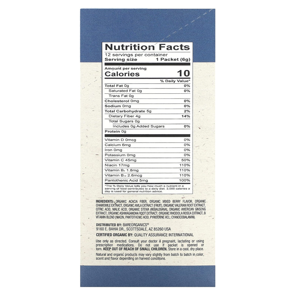 BareOrganics, Sleep, Superfood Water Enhancer, Organic Mixed Berry, 12 Stick Packets, 0.21 oz (6 g) Each