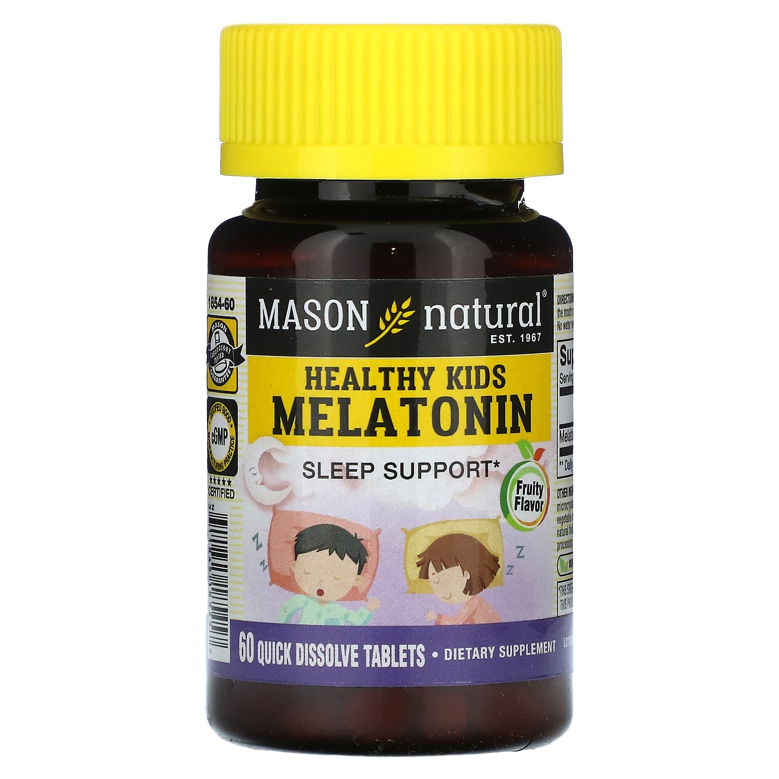 Mason Natural, Healthy Kids Melatonin, Ages 4 & Up, Fruity, 60 Tablets (500 mcg per Tablet)