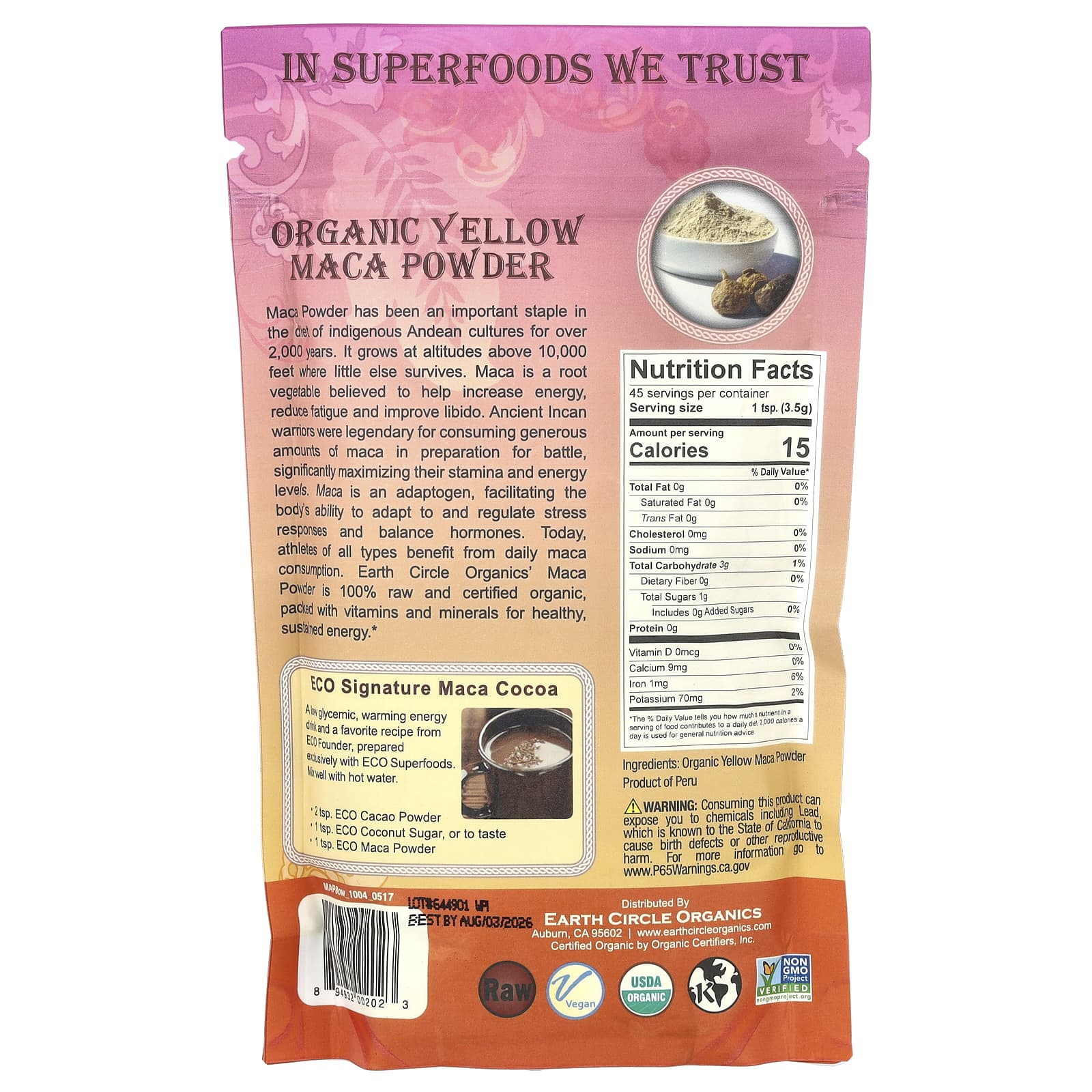 Earth Circle Organics, Organic Yellow Maca Powder, 8 oz (226.7 g)