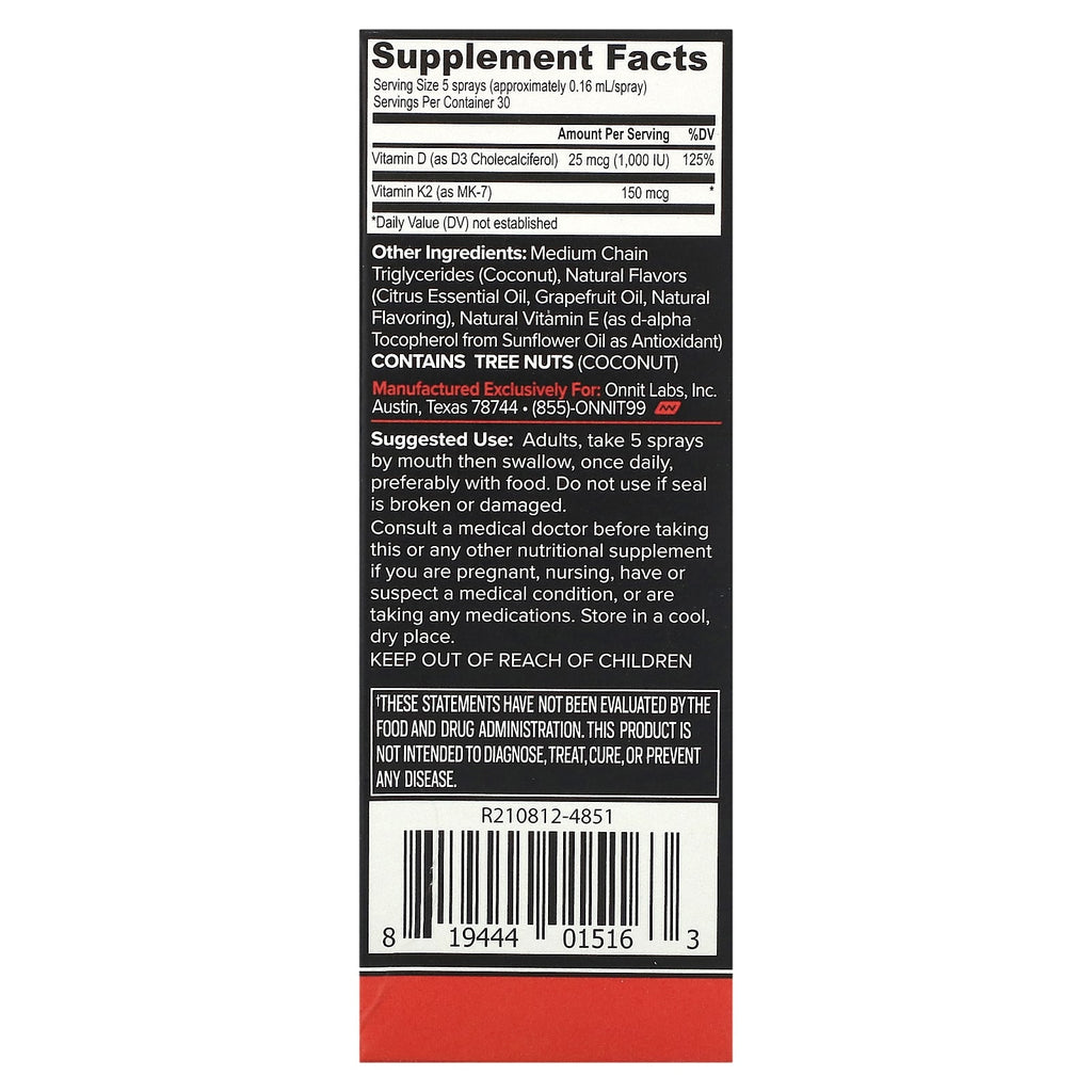 Onnit, Plant Based Vitamin D3 with Vitamin K2, Grapefruit, 25 mcg (1,000 IU), 0.8 fl oz (24 ml)