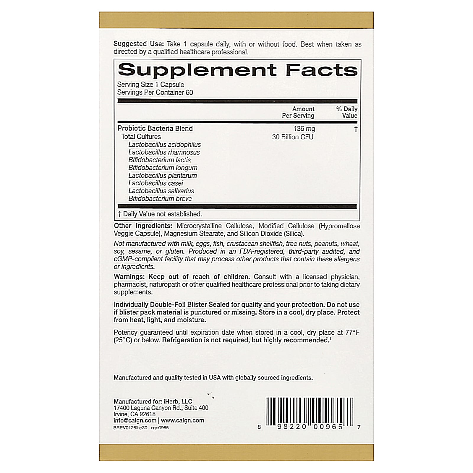 California Gold Nutrition, LactoBif® 30 Probiotics, 30 Billion CFU, 60 Veggie Capsules