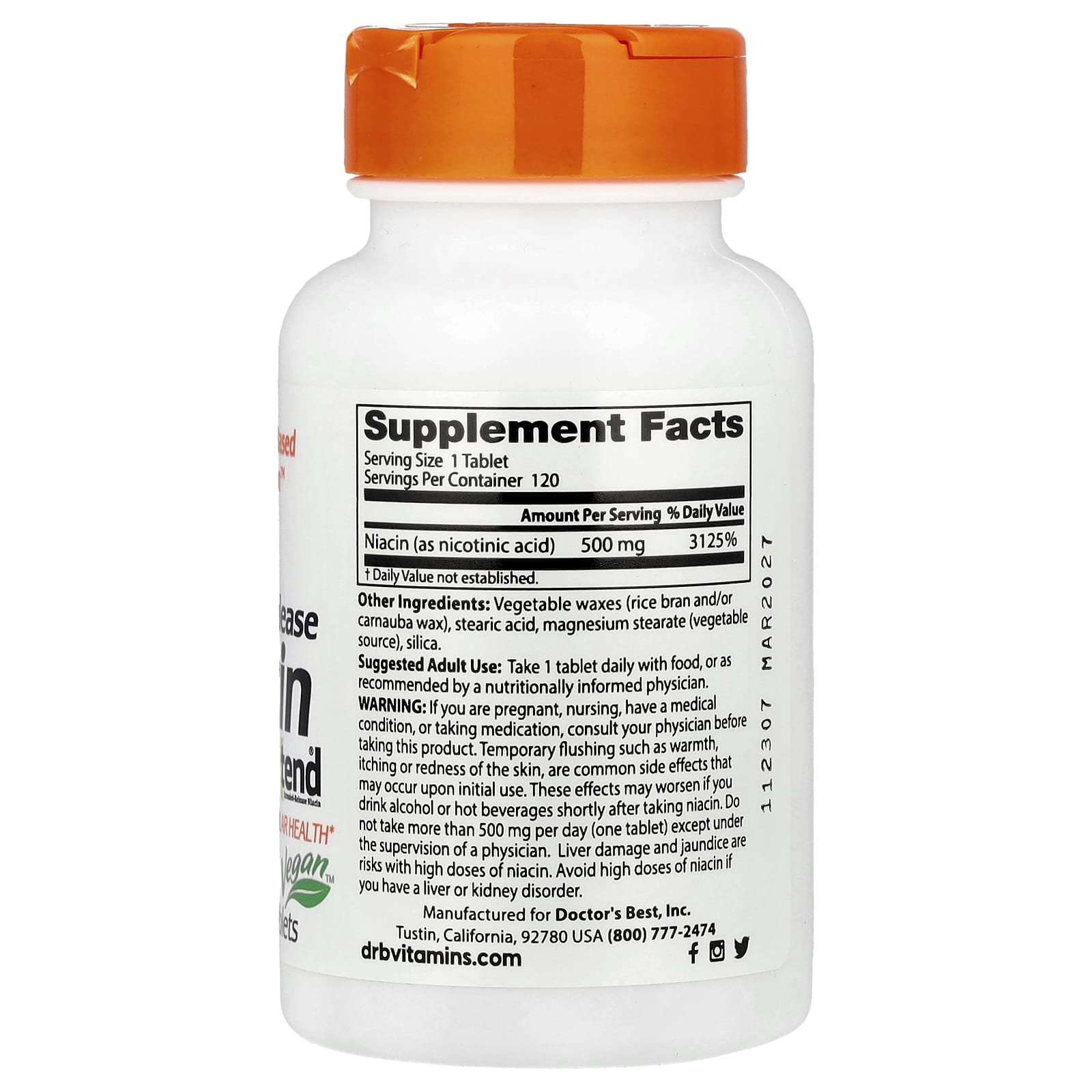 Doctor's Best, Sustained-Release Niacin with niaXtend®, 500 mg, 120 Tablets