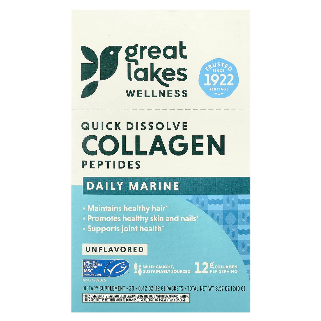 Great Lakes Wellness, Quick Dissolve Collagen Peptides, Daily Marine, Unflavored, 20 Packets, 0.42 oz (12 g) Each