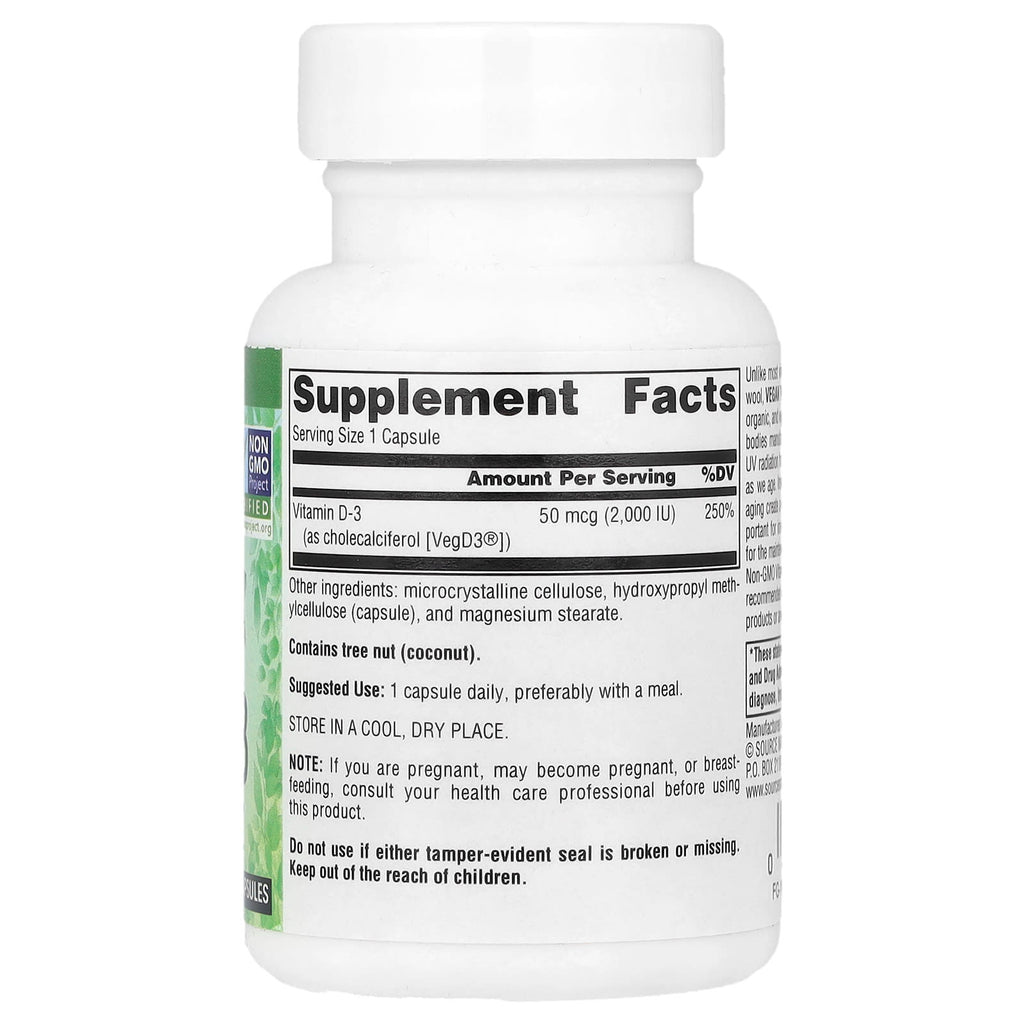 Source Naturals, Vegan True®, Non-GMO Vitamin D3, 50 mcg (2,000 IU), 60 Vegan Capsules