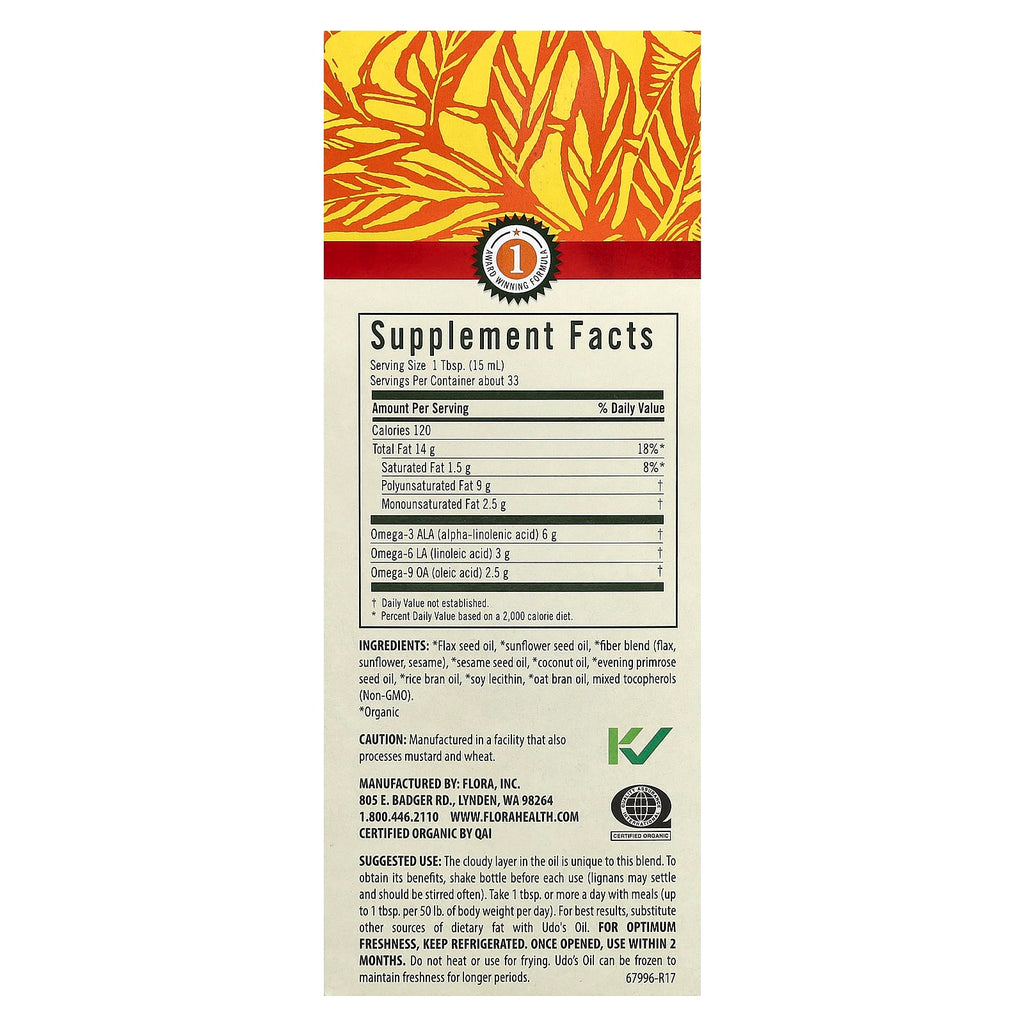 Flora, Udo's Choice, Certified Organic Udo's Oil, High Lignan 3-6-9 Blend, 17 fl oz (500 ml)