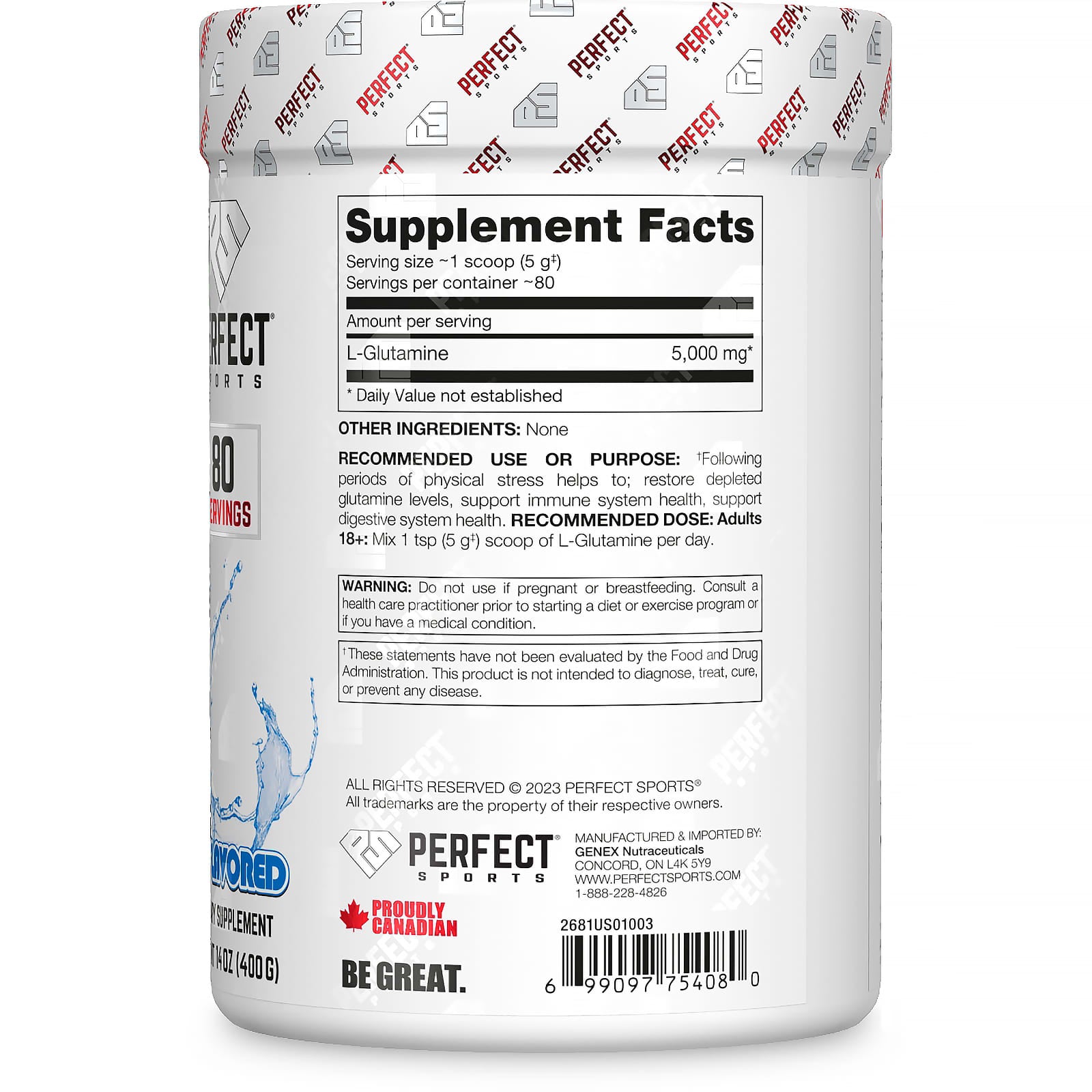PERFECT Sports, Core Series, Pure Glutamine, Unflavored, 14 oz (400 g)
