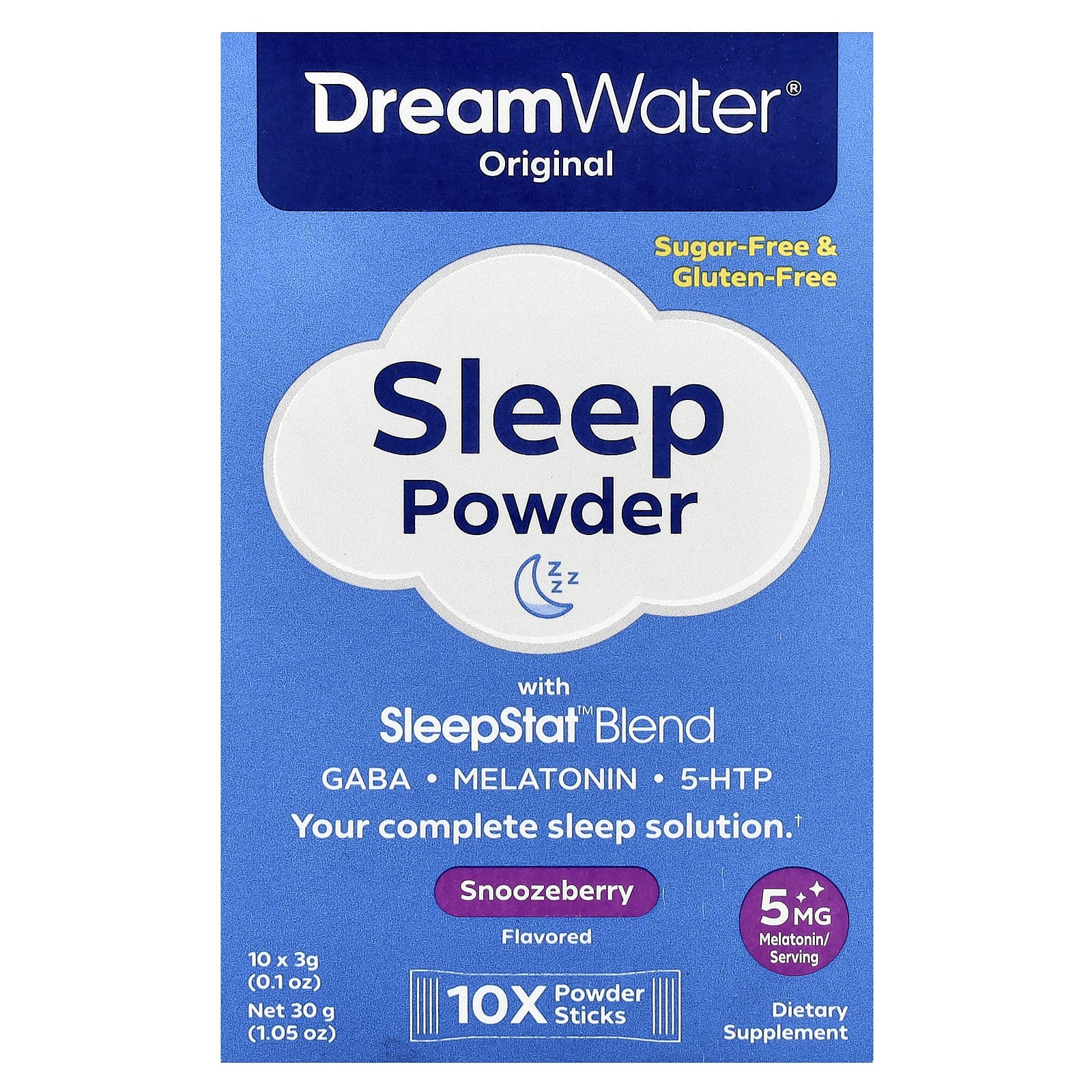 Dream Water, Original Sleep Powder with SleepStat™ Blend, Snoozeberry, 10 Stick Packs, 0.1 oz (3 g) Each