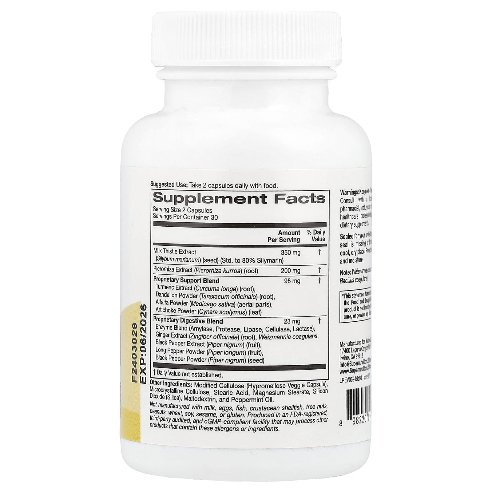 Super Nutrition, Detox Support with Milk Thistle Extract, Picrorhiza Root Extract, Turmeric Extract, Dandelion Powder and Digestive Blend, 60 Veggie Capsules