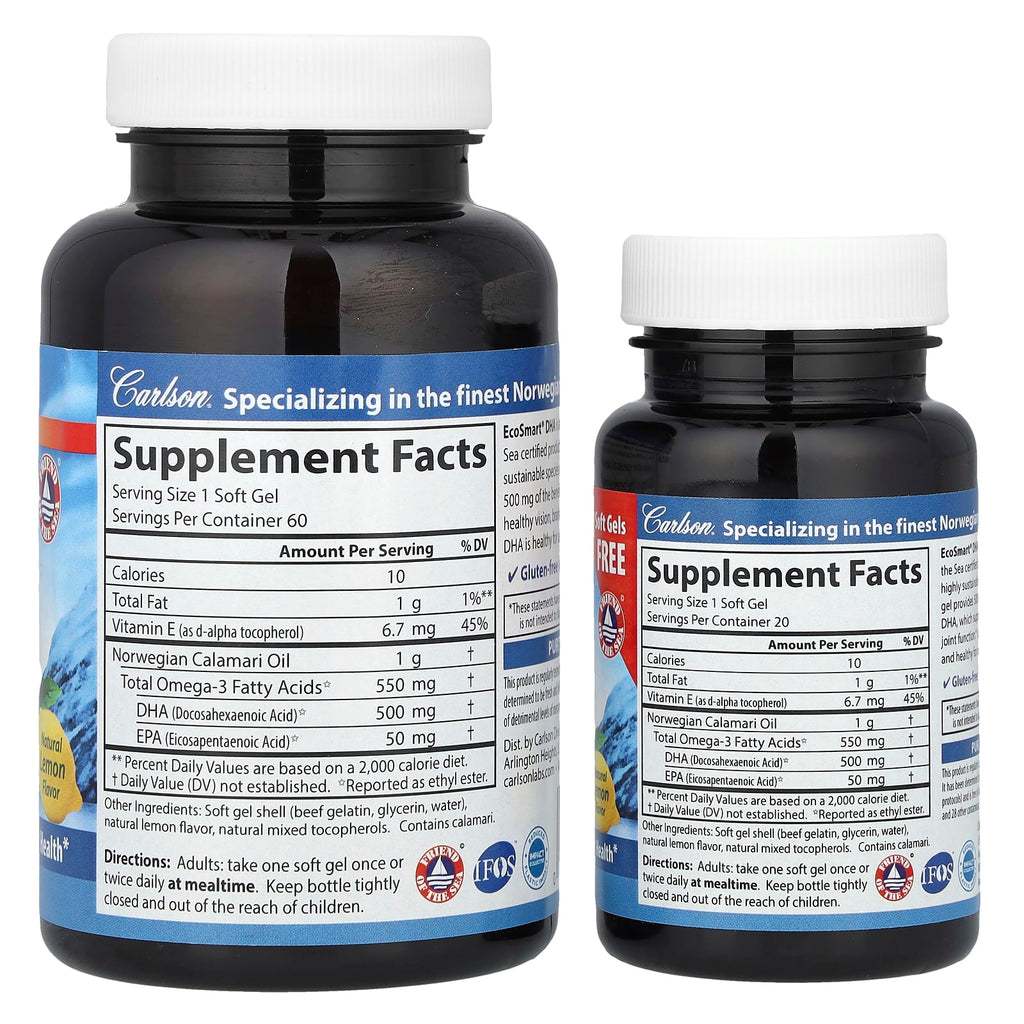 Carlson, EcoSmart® DHA, Natural Lemon, 500 mg, 60 Soft Gels + 20 Soft Gels