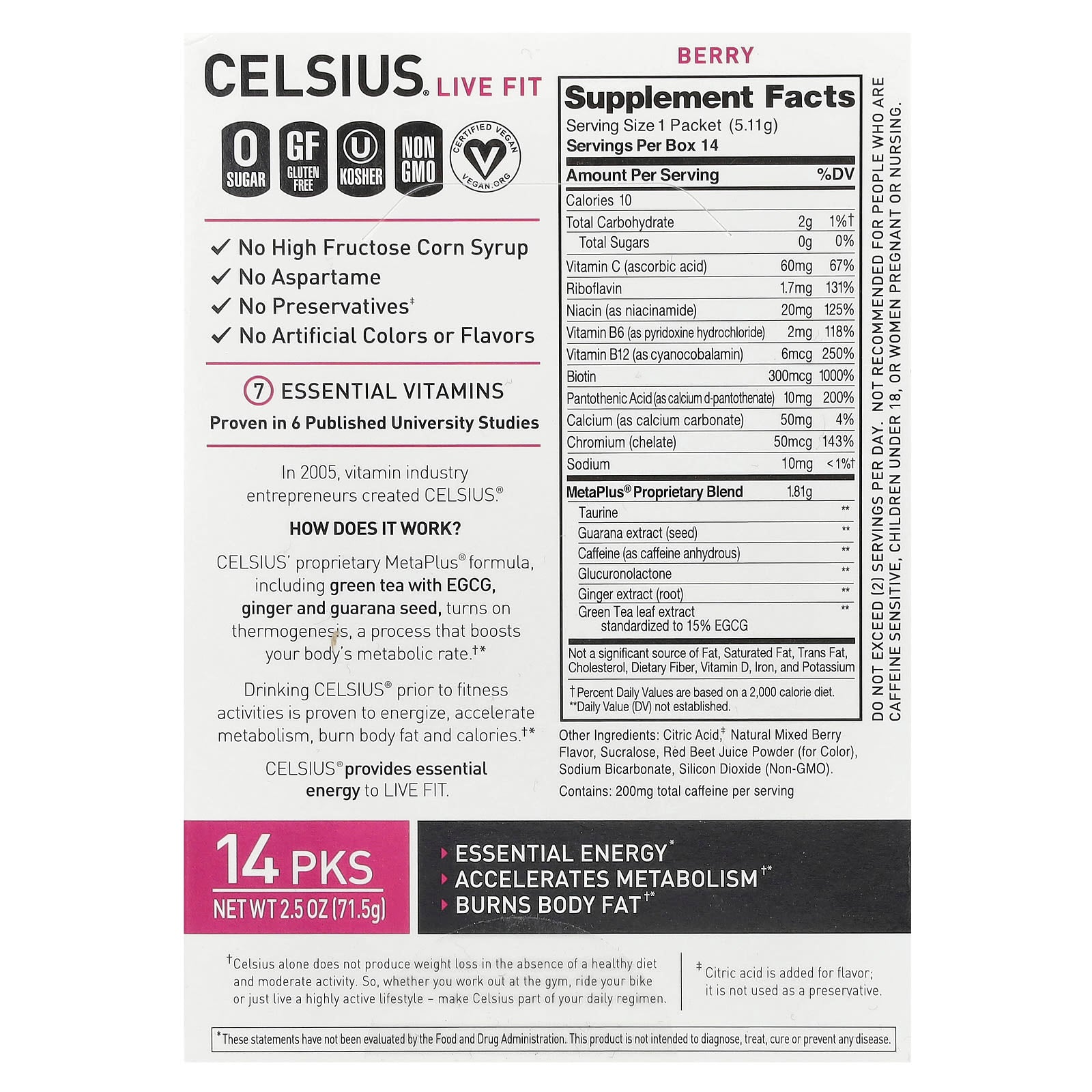 Celsius, Live Fit, Berry, 14 On-The-Go Packets, 0.18 oz (5.11 g) Each