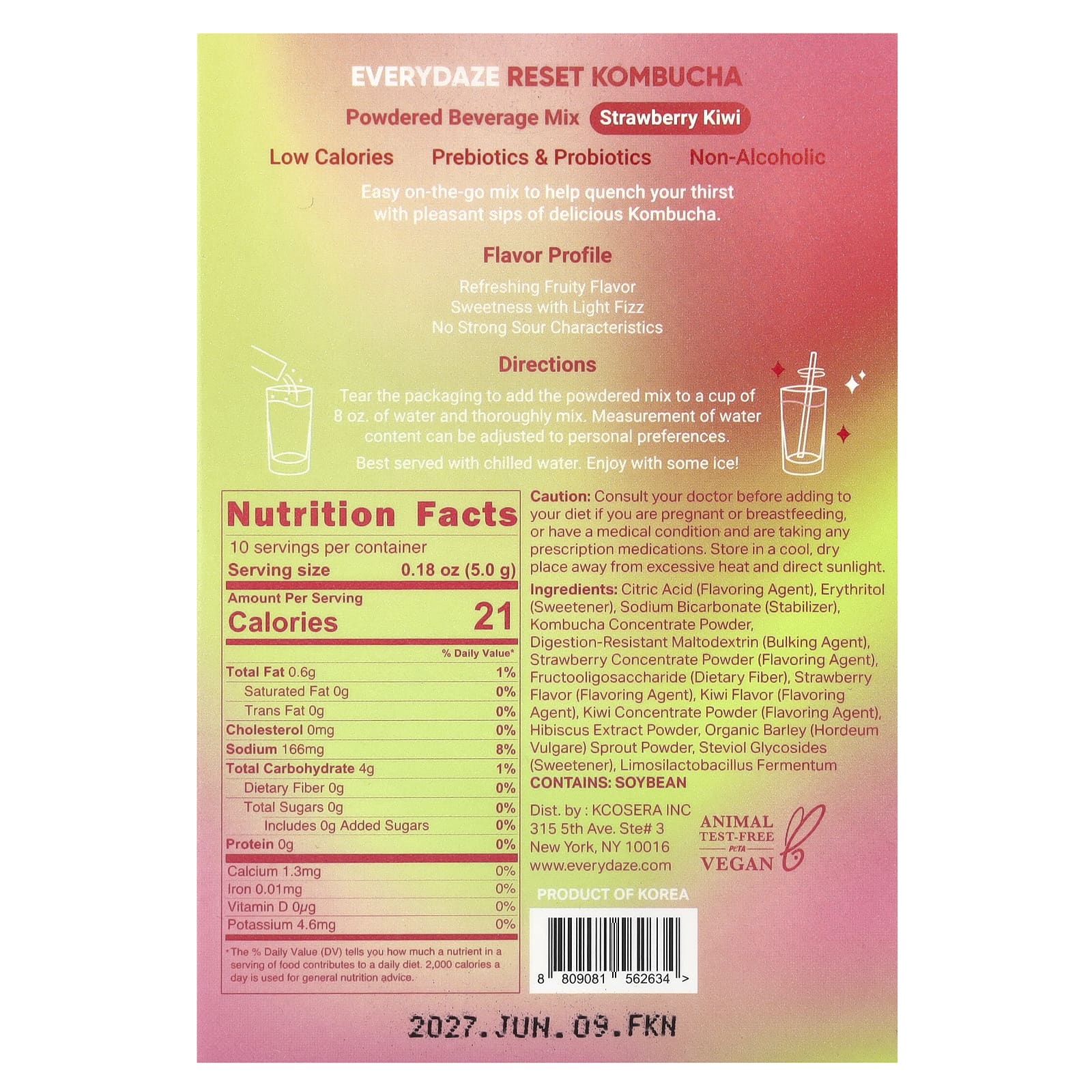Everydaze, Reset Kombucha, Powdered Beverage Mix, Strawberry Kiwi, 10 Packets, 0.18 oz (5 g) Each